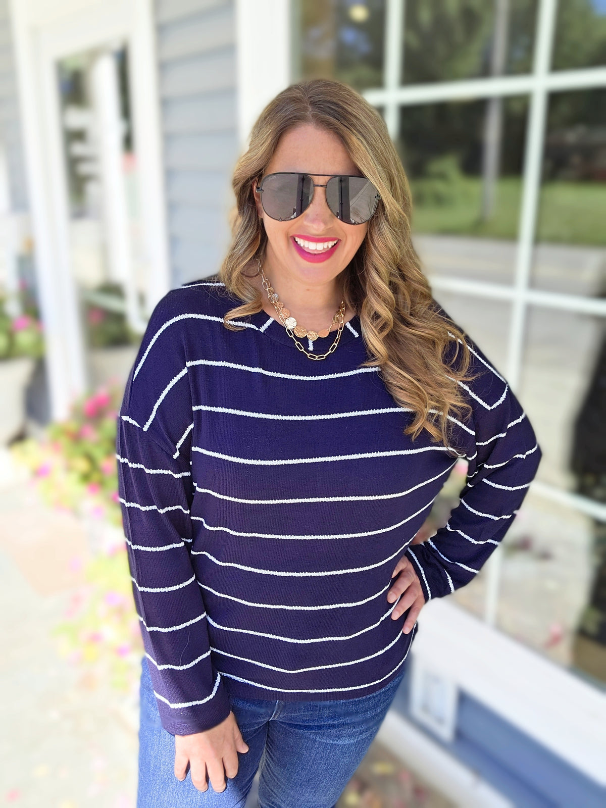 NAVY PINSTRIPE LIGHT WEIGHT SOFT SWEATER