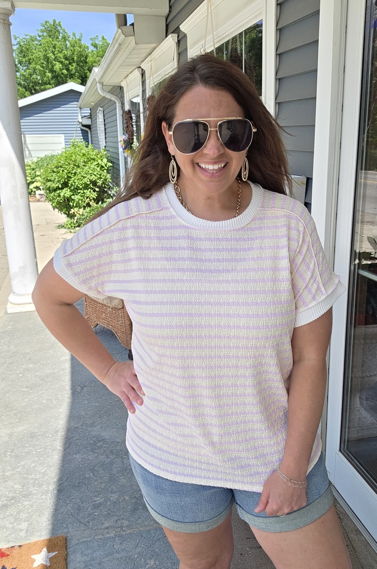 PINK STRIPED TEXTURED KNIT TOP