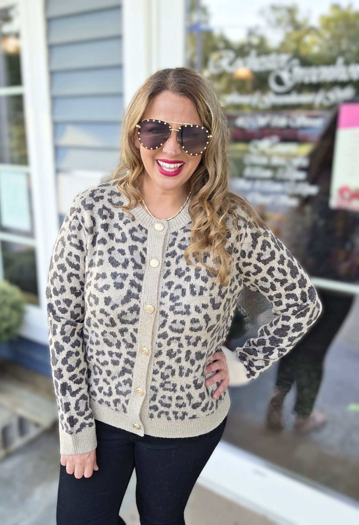 TAUPE LEOPARD BUTTON DOWN SWEATER CARDIGAN