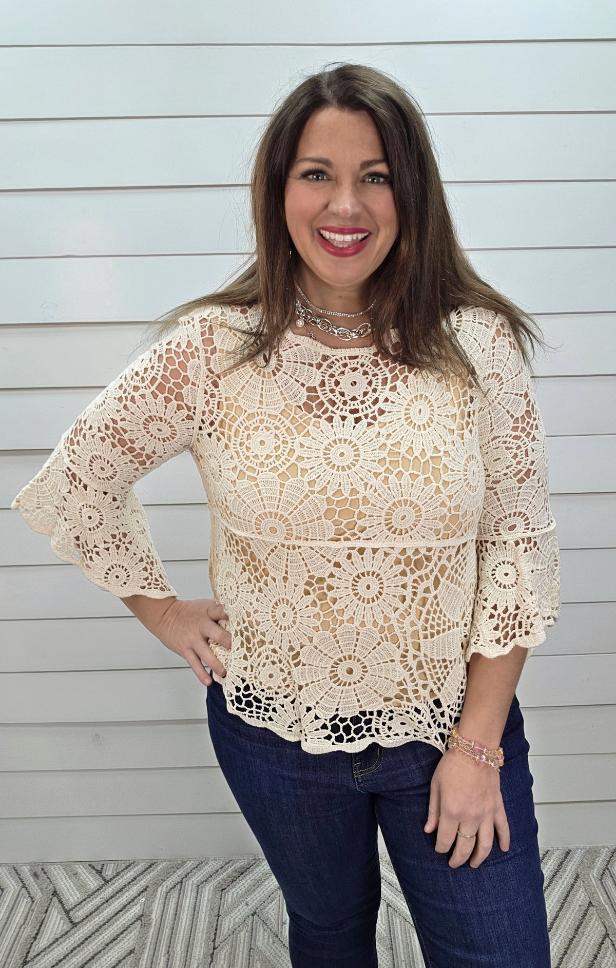 BEIGE 3/4 BELL SLEEVE CROCHET BLOUSE WITH SCALLOPED EDGE