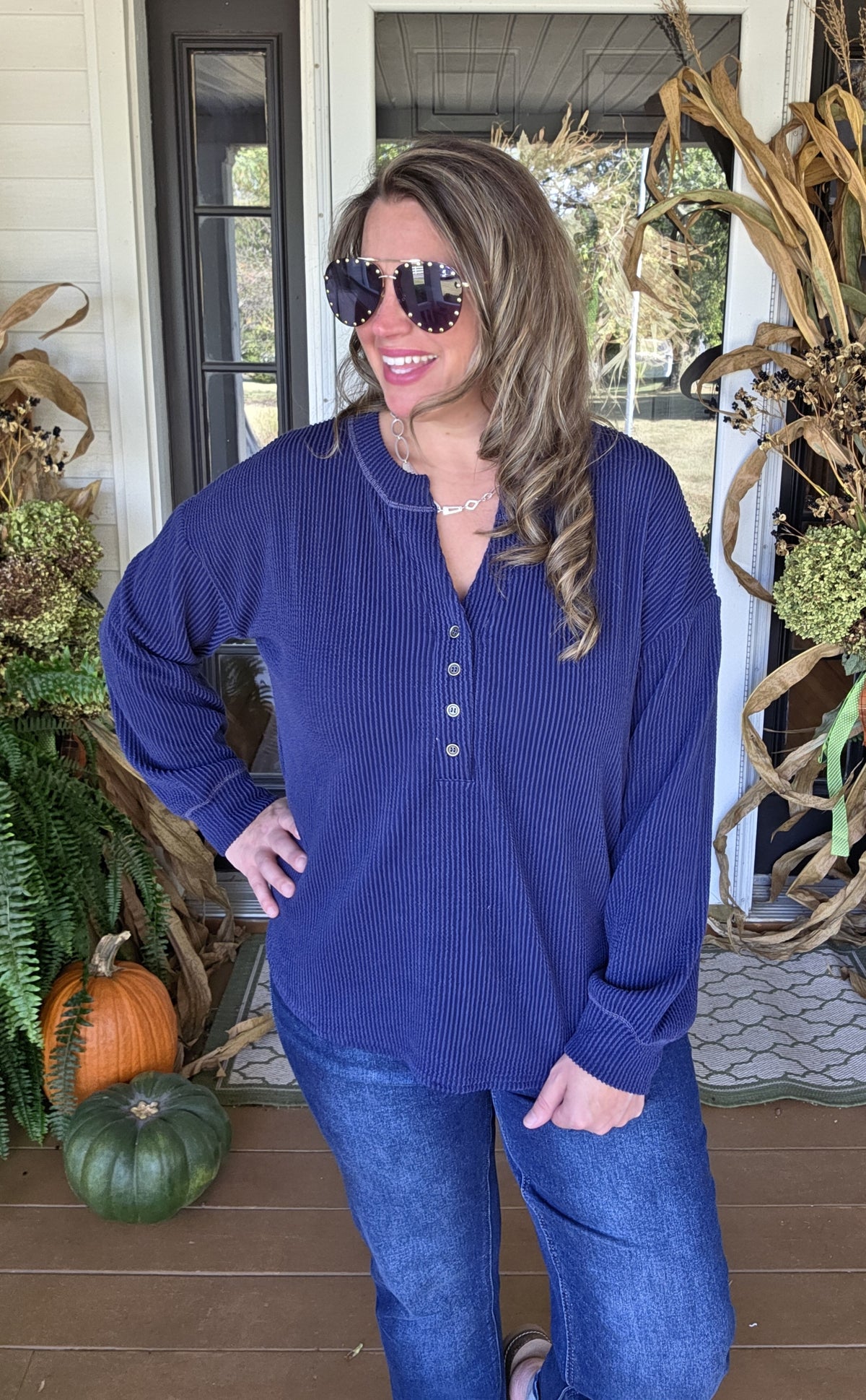 NAVY RAISED RIBBED V NECK HENLEY TOP