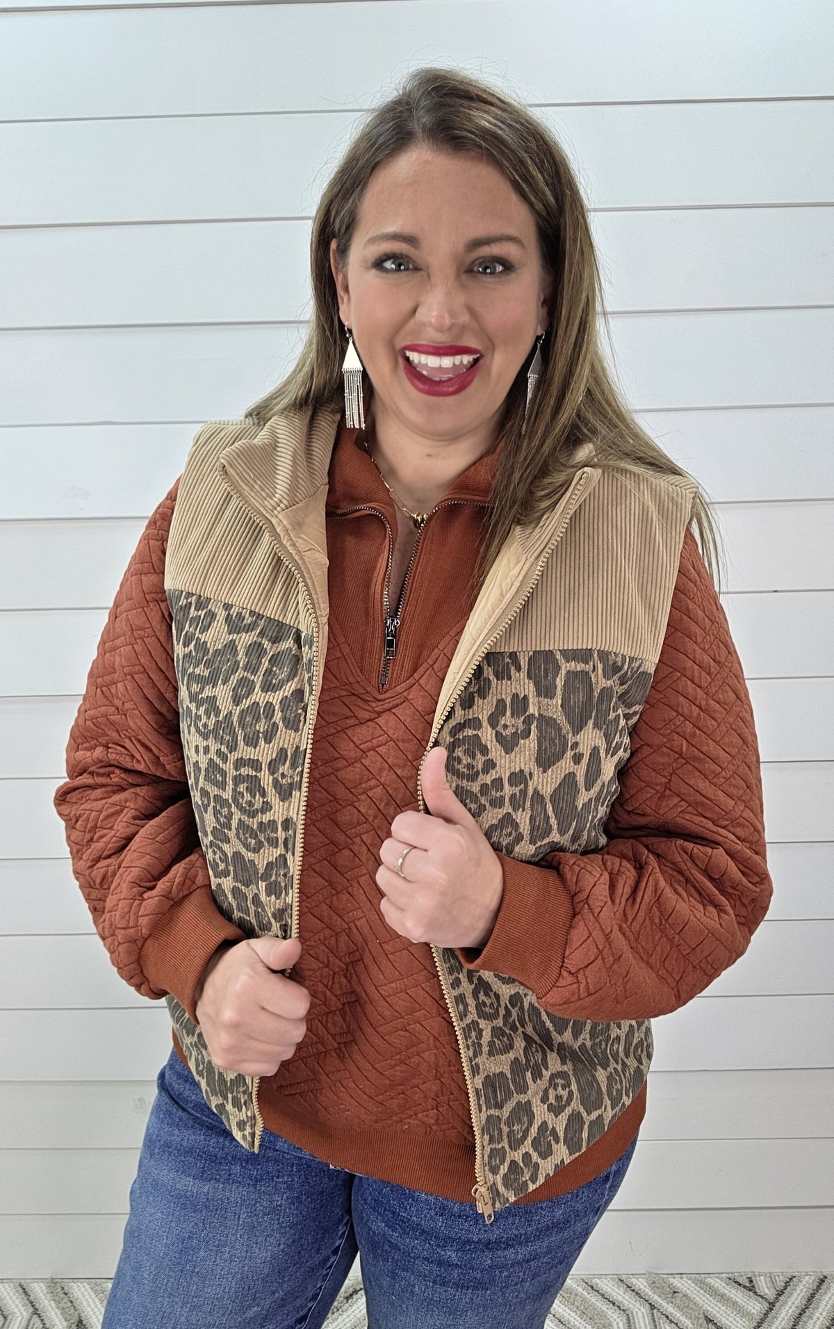 TAUPE LEOPARD CORD CONTRAST ZIPPER VEST