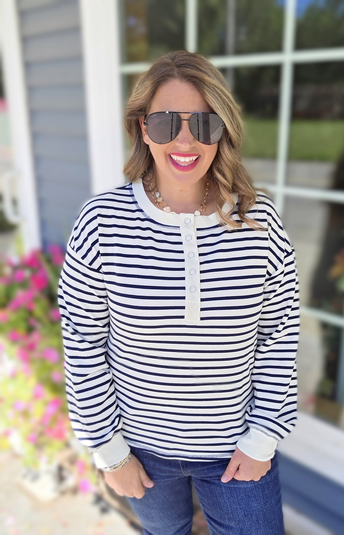 NAVY/CREAM STRIPED SNAP BUTTON HENLEY TOP