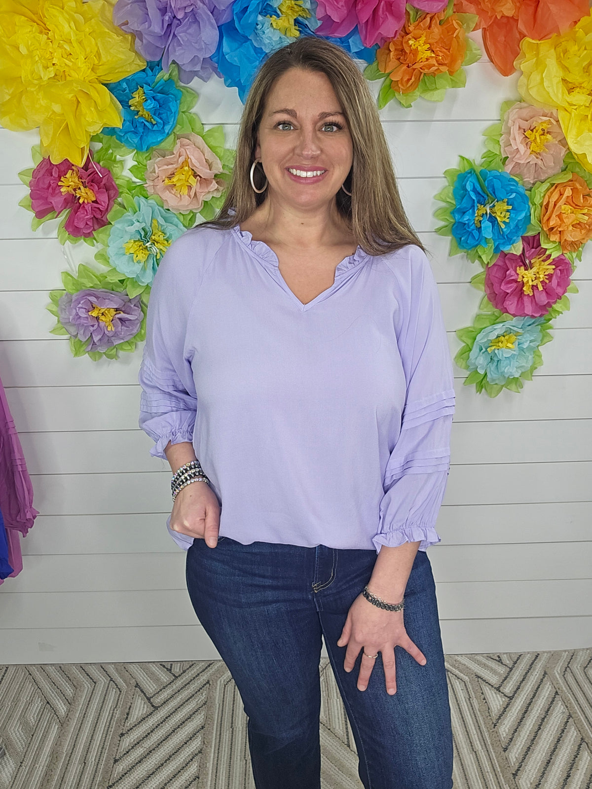 LAVENDER WOVEN TOP W/ RUFFLE NECKLINE AND PLEATED SLEEVES