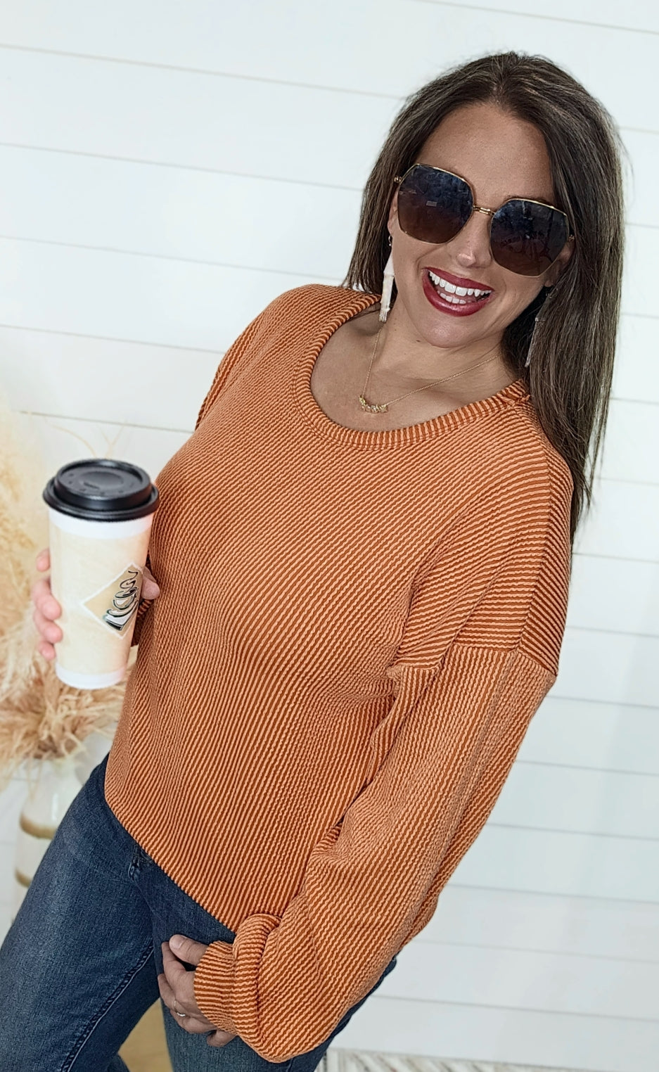 BURNT ORANGE RAISED RIBBED LONG SLEEVE TOP