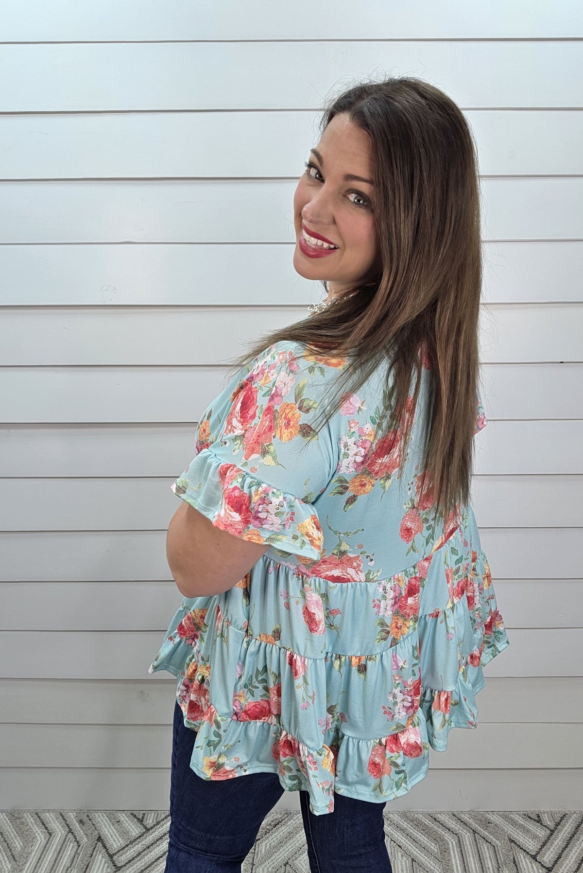 MINT FLORAL RUFFLE BUTTER SOFT KNIT TOP