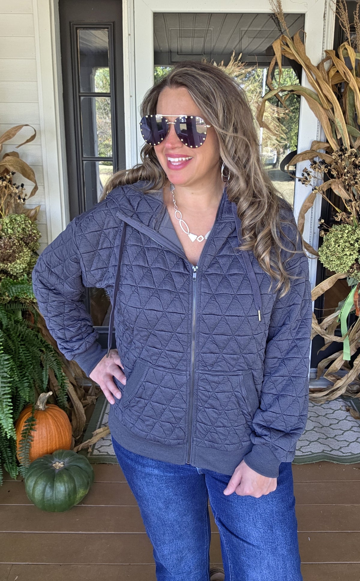 GUNMETAL QUILTED ZIP UP JACKET