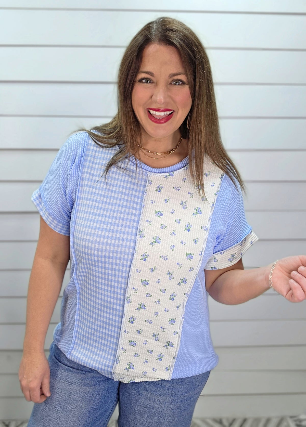 LT BLUE FLORAL/GINGHAM COLORBLOCK RASIED RIBBED KNIT TOP