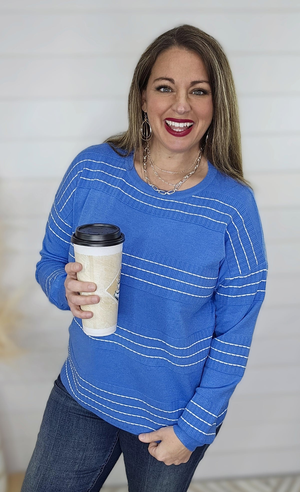 BLUE STITCH STRIPED CREW NECK SWEATER