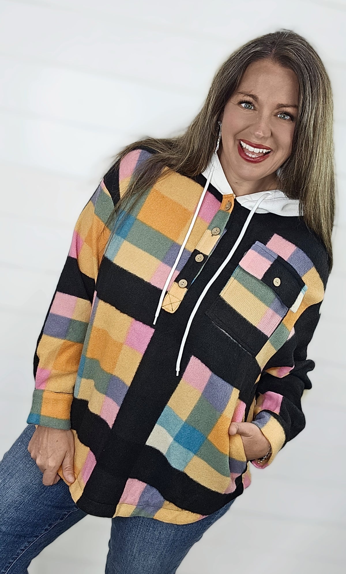 MULTI COLOR CHECK FLEECE SOFT HOODED TOP