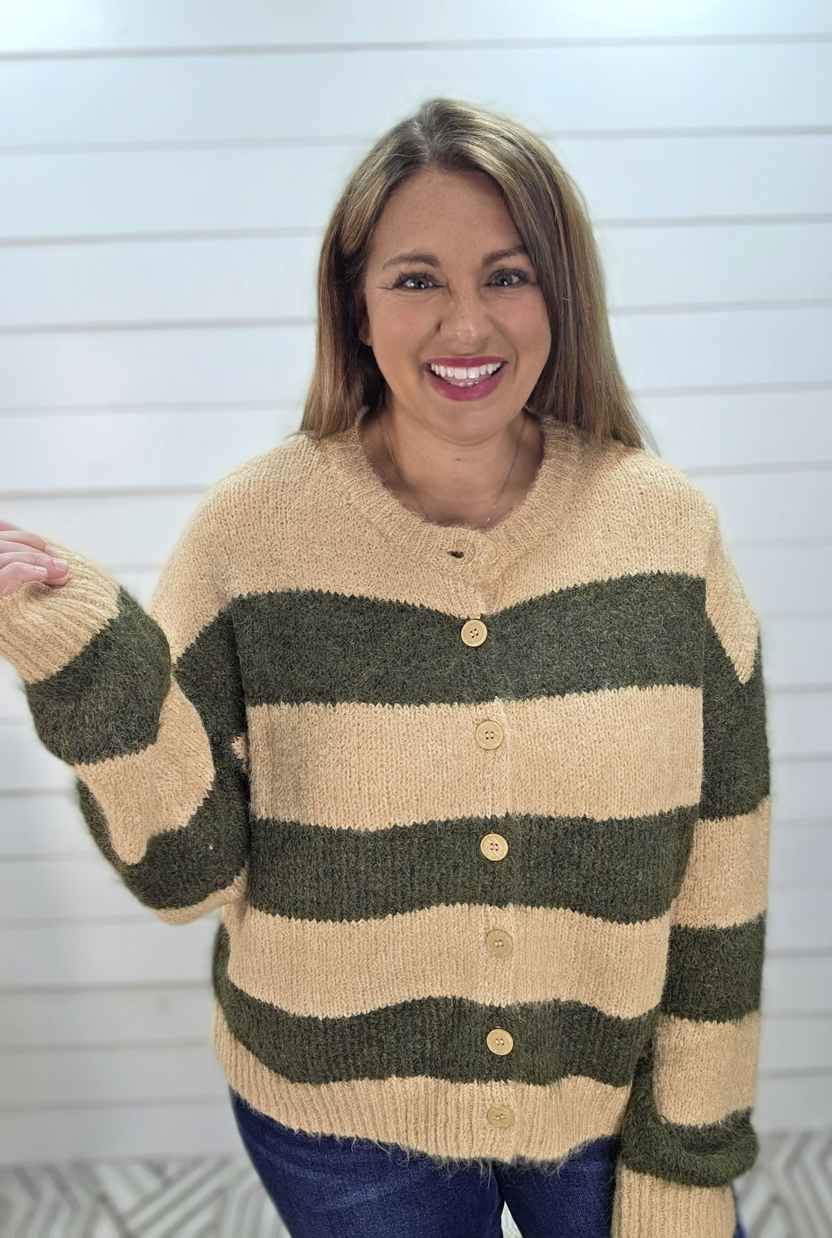 SAND/OLIVE WIDE STRIPED FUZZY BUTTON CARDIGAN