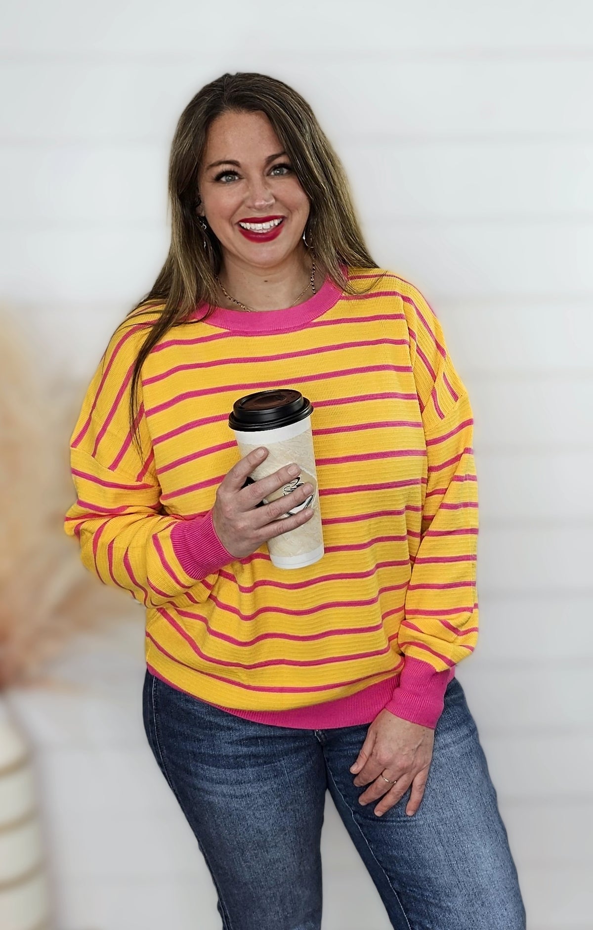 YELLOW/PINK STRIPED KNIT LOOSE TOP