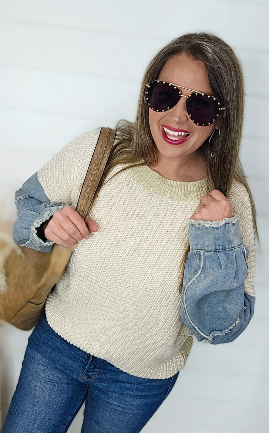 NATURAL/OATMEAL/DENIM CONTRAST PULLOVER SWEATER