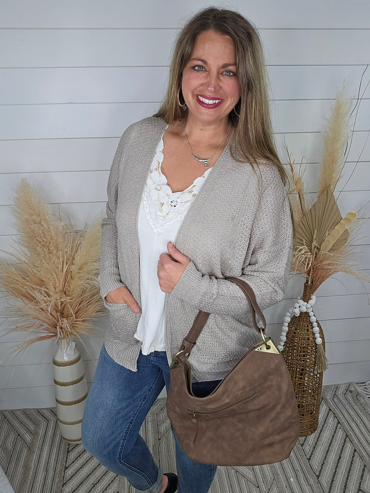 PEBBLE OPEN FRONT CARDIGAN W/ DROP SHOULDER AND SIDE POCKETS