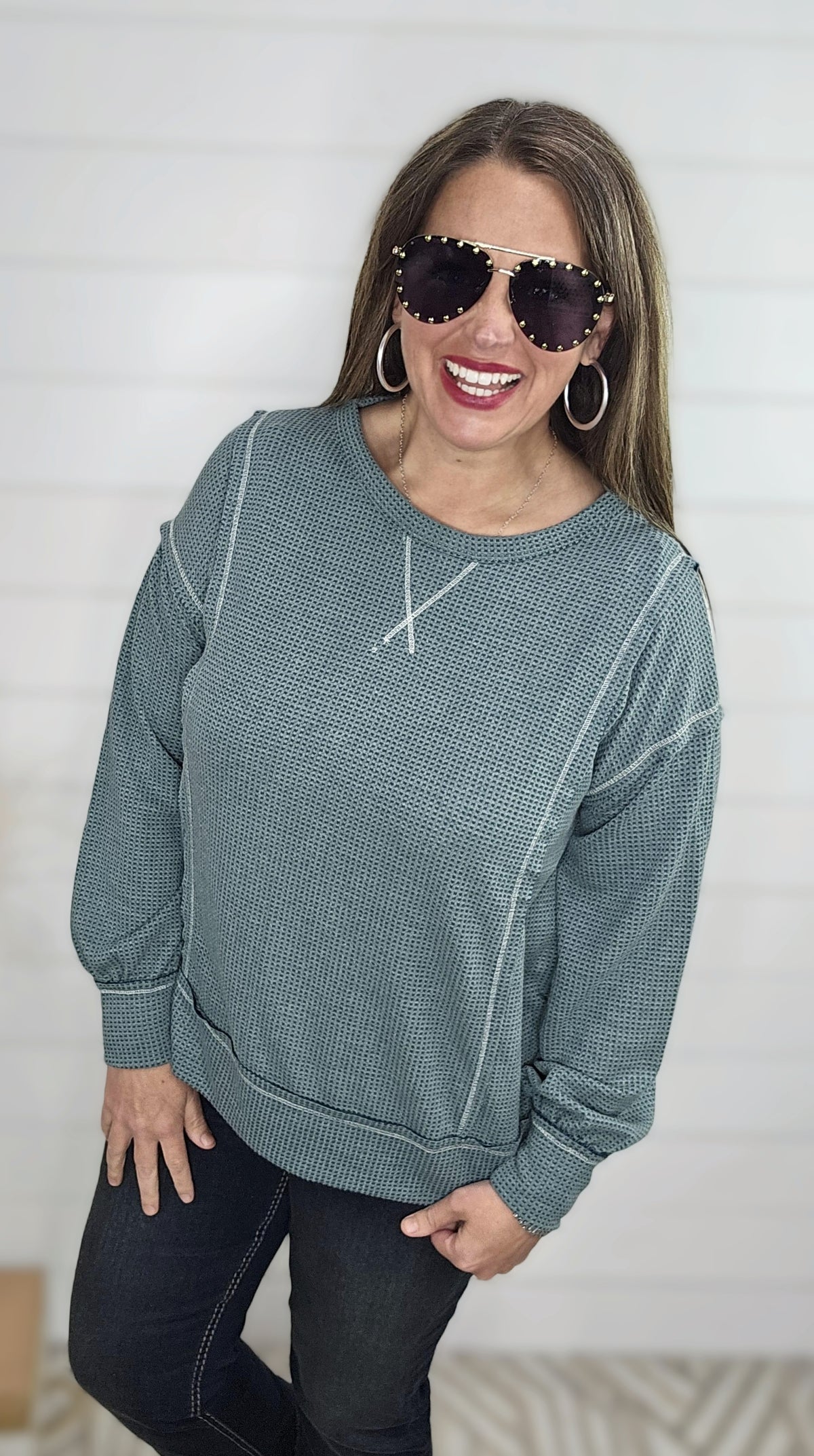 TEAL WAFFLE TEXURE LONG SLEEVE TOP