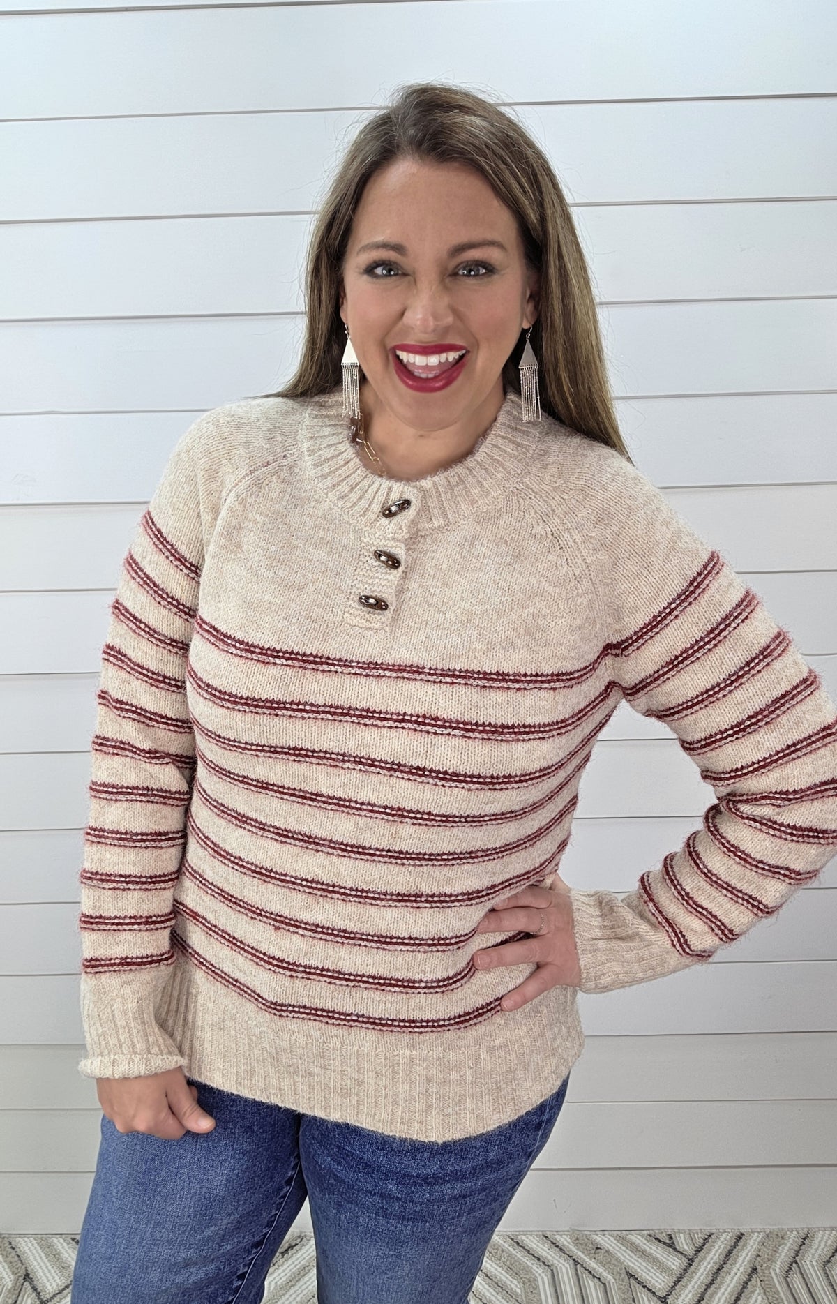 OATMEAL/RED STRIPED SWEATER WITH WOOD BUTTONS