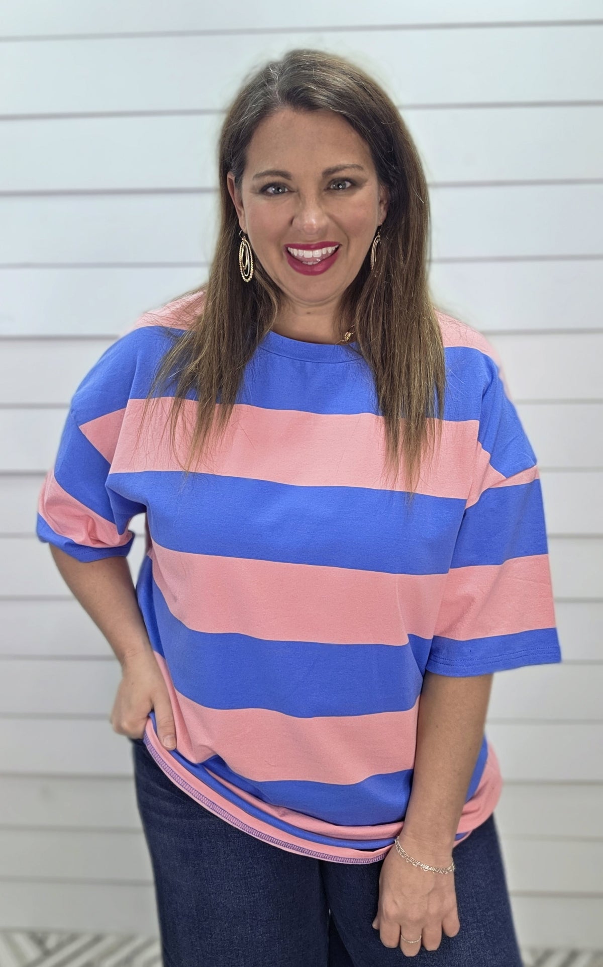 PINK AND BLUE BOLD STRIPE TUNIC TEE