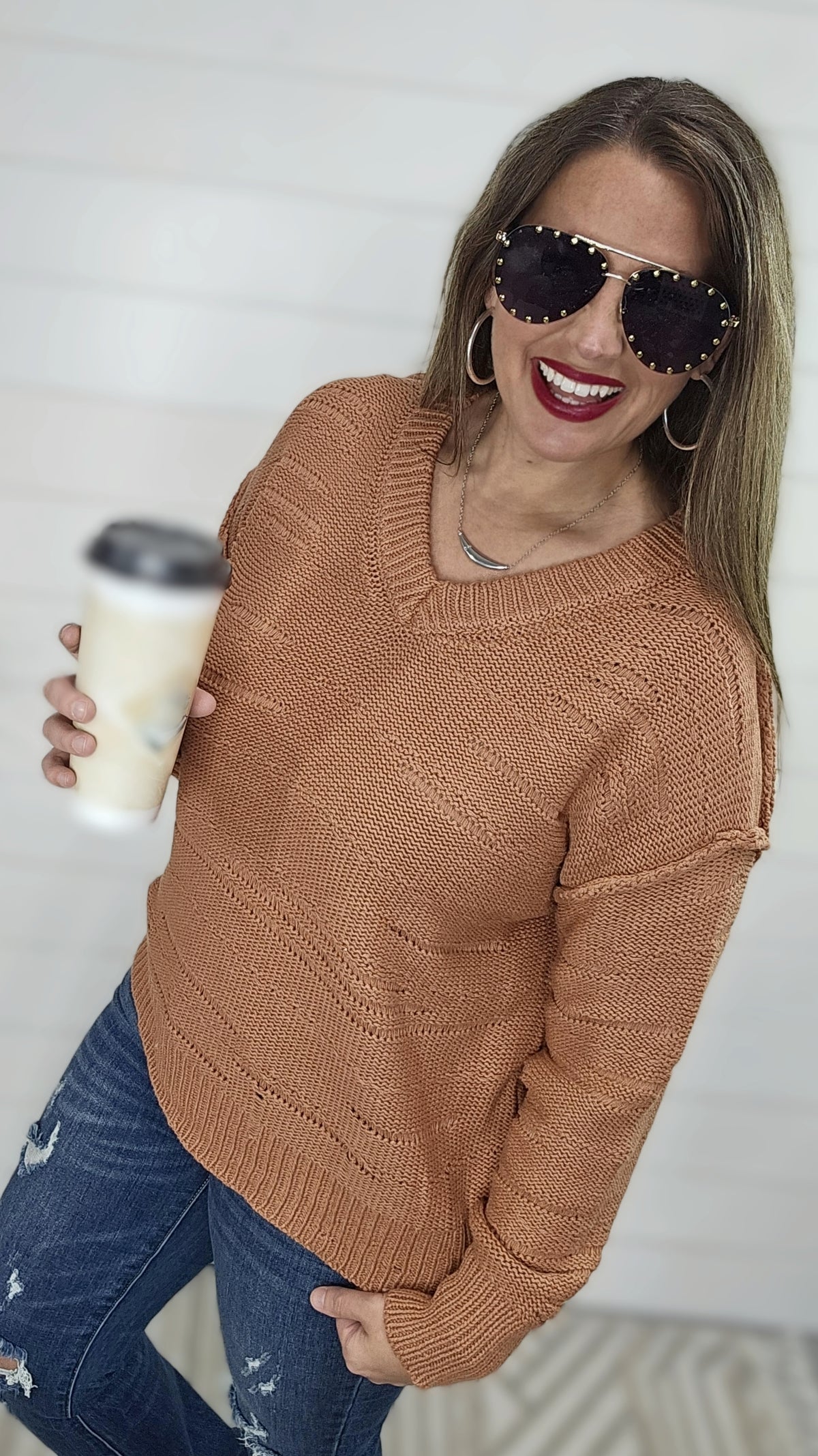 TERRA COTTA DISTRESSED DETAIL V NECK SWEATER