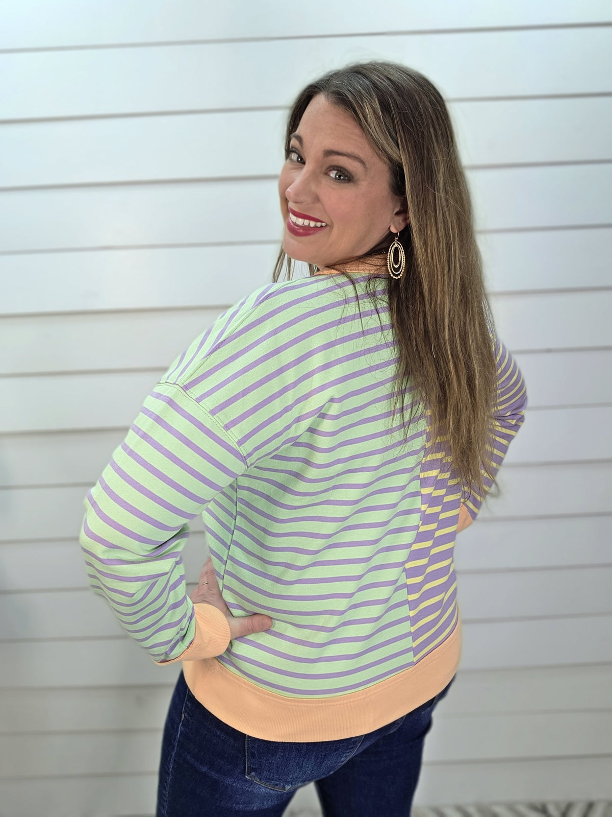LAVENDER/LEMON/SAGE/ORANGE STRIPED CONTRAST COLORBLOCK FRENCH TERRY TOP
