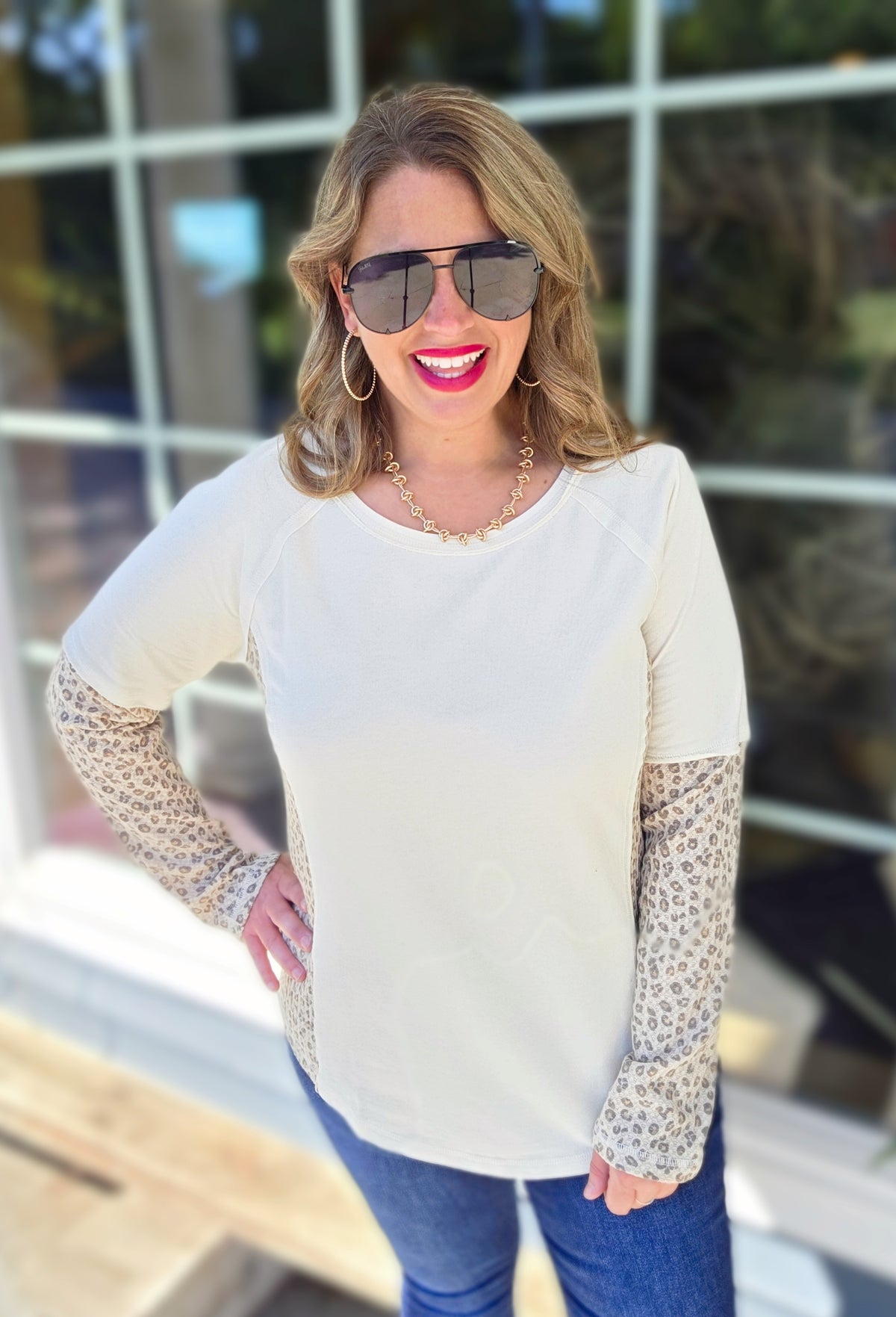 CREAM/ANIMAL CONTRAST KNIT TOP