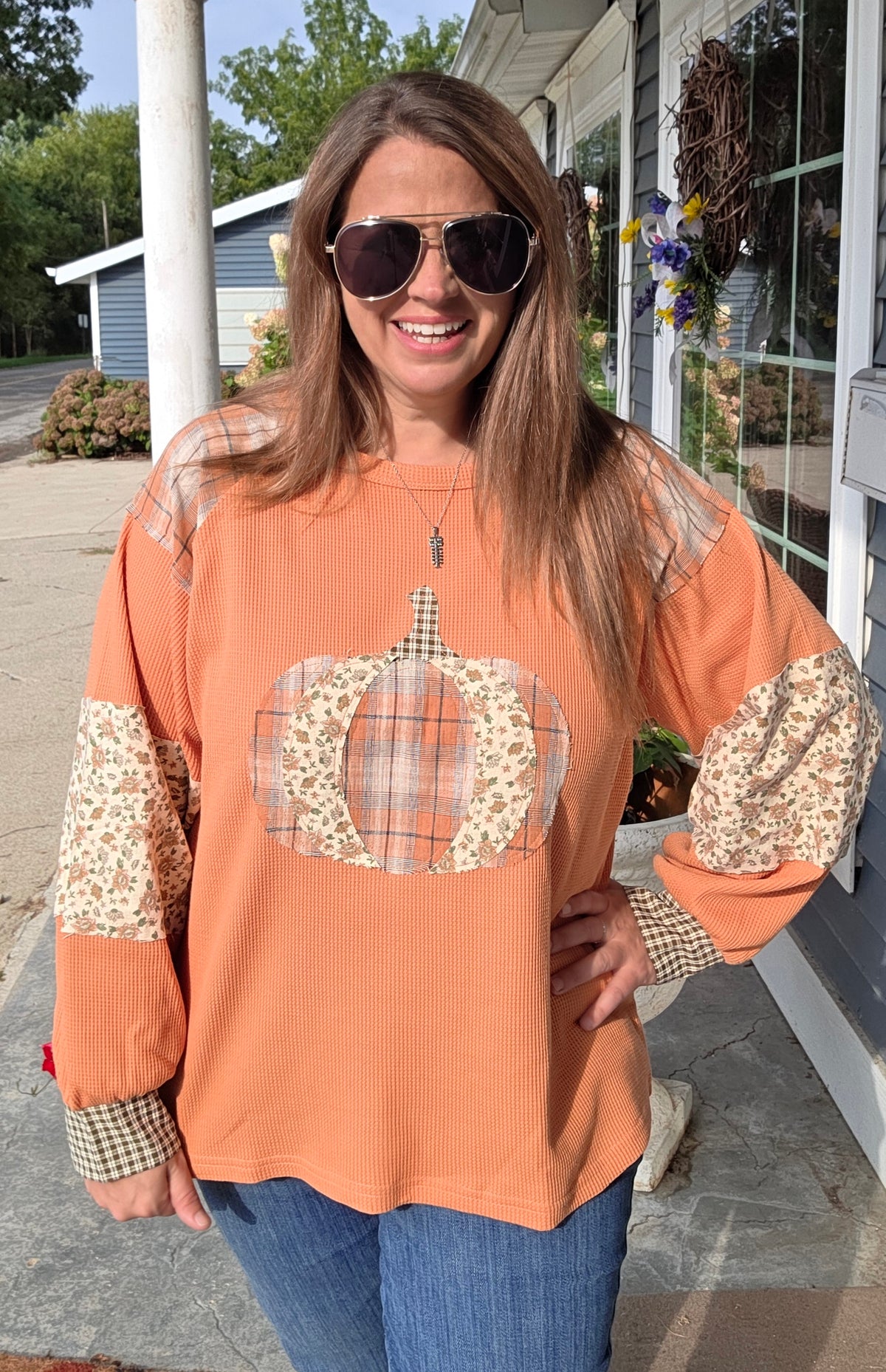RUST Round Neck Plaid Check Floral Print Pumpkin long Sleeve Thermal Knit