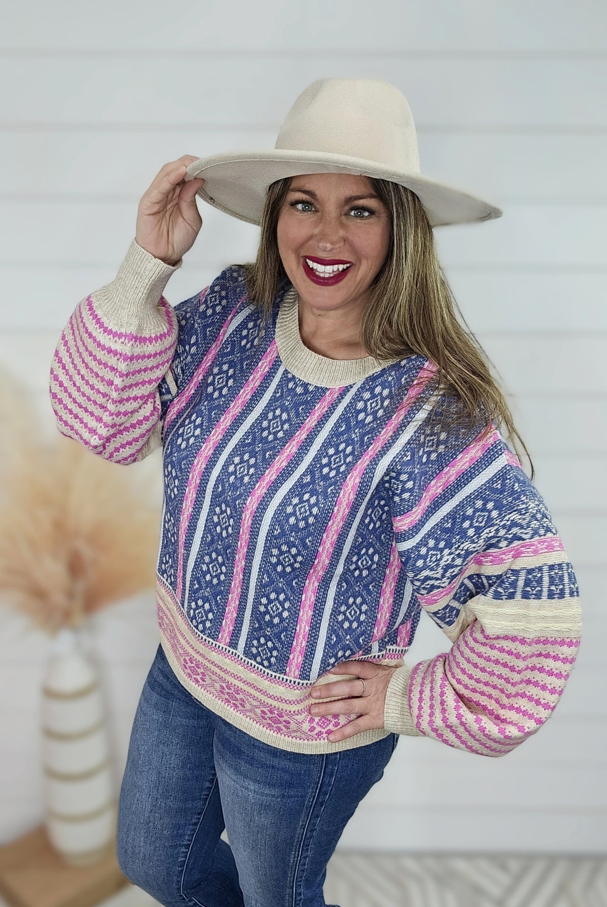 PINK/BLUE MIX KNIT PRINTED SWEATER