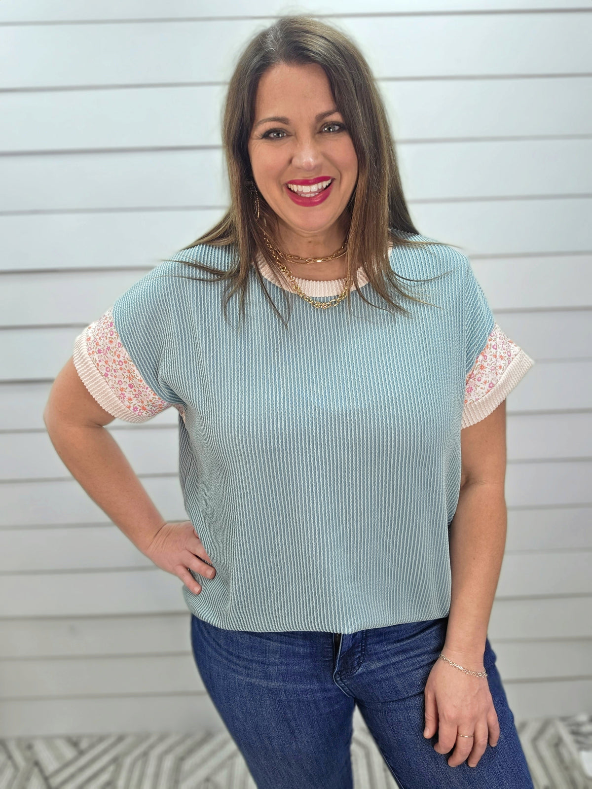 BLUE RAISED RIBBED KNIT TOP W/ FLORAL TRIM