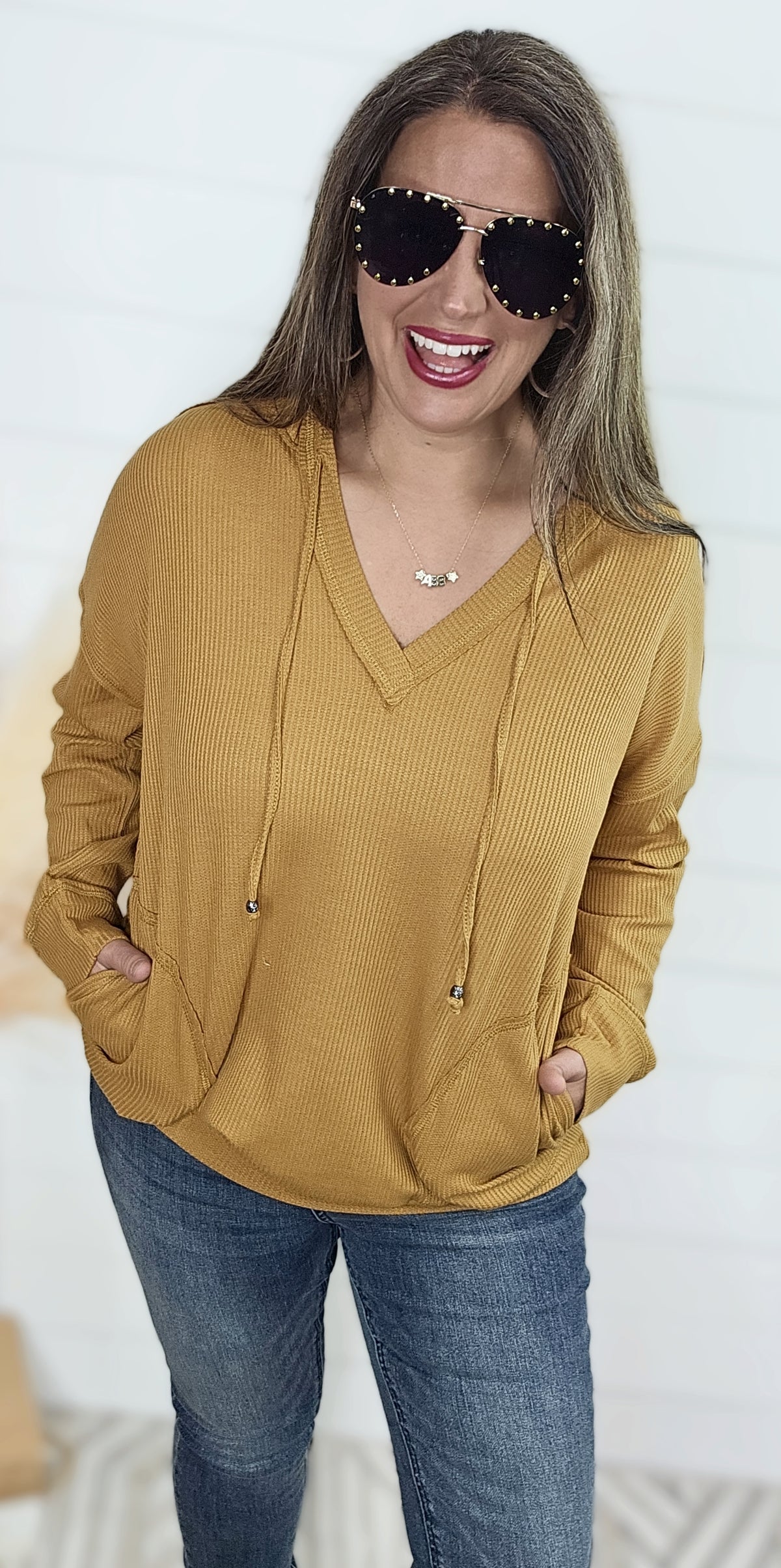 MUSTARD THERMAL TEXTURE V NECK HOODIE