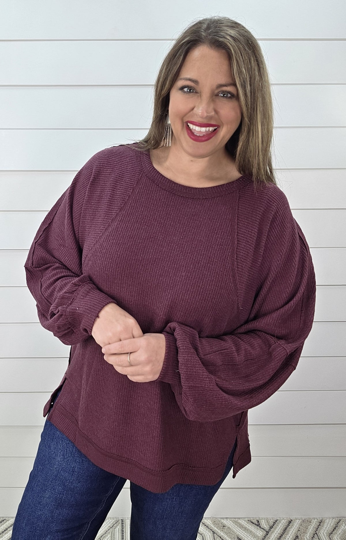 BURGUNDY BRUSHED KNIT OVERSIZED TOP