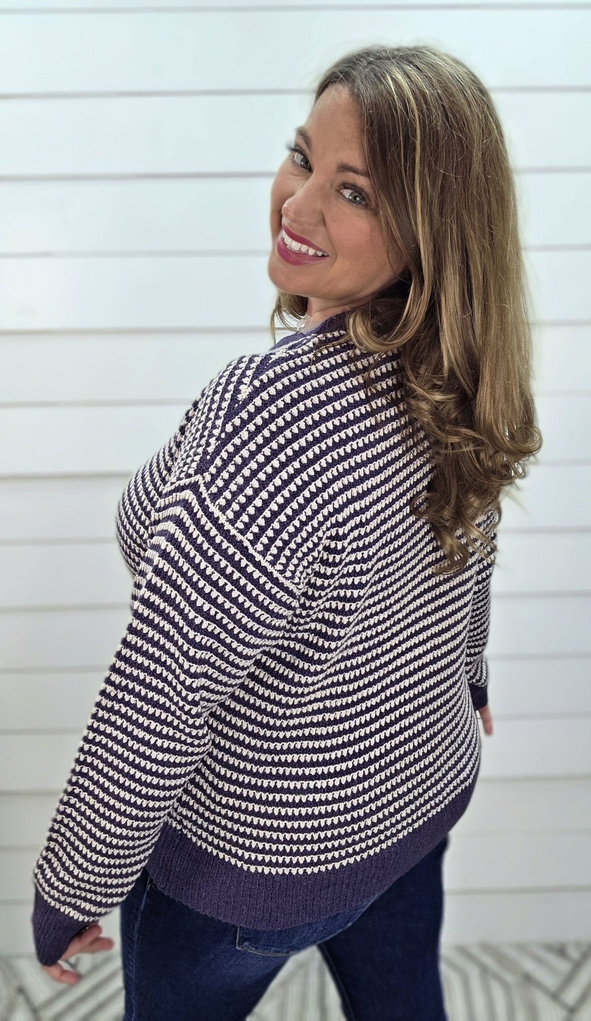 EGGPLANT Color Trimmed Long Sleeve 2 Tone Waffle Striped Crew Neck Pullover Sweater
