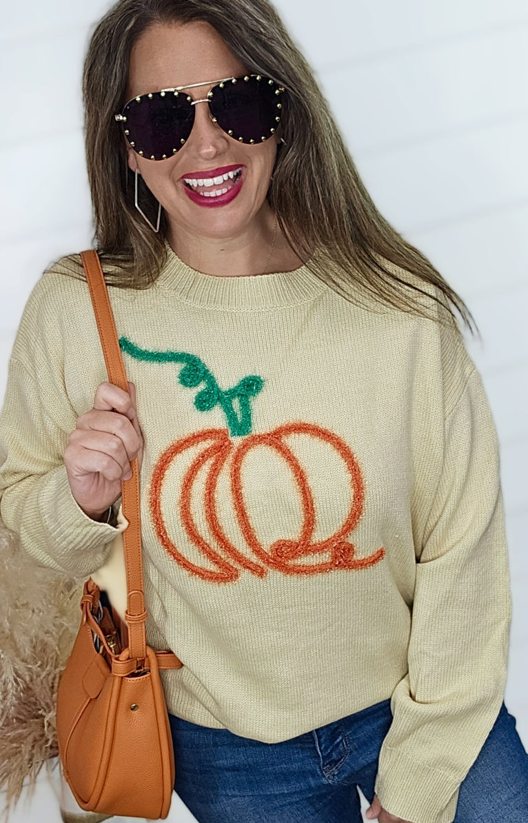 FALL PUMPKIN YARN EMBROIDERED SWEATER