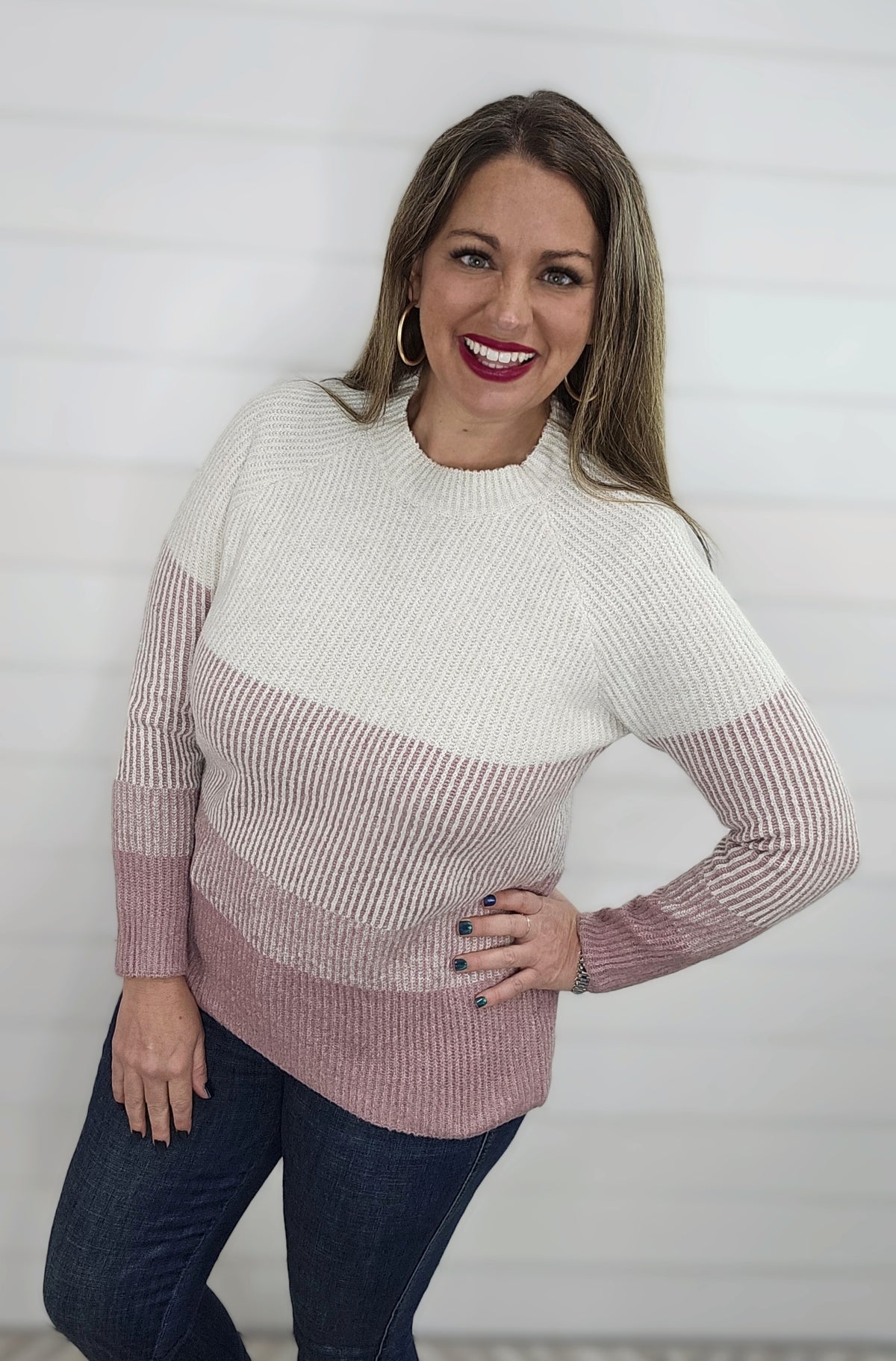 MAUVE/CREAM COLORBLOCK RIBBED SUPER SOFT PULLOVER SWEATER