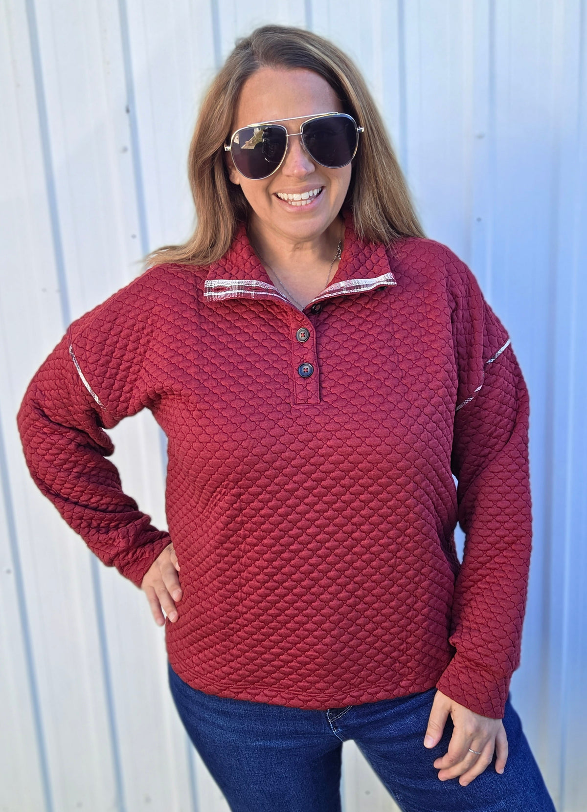 BURGUNDY QUILTED Henley Mock Neck, Drop Shoulder PLAID CONTAST PULLOVER