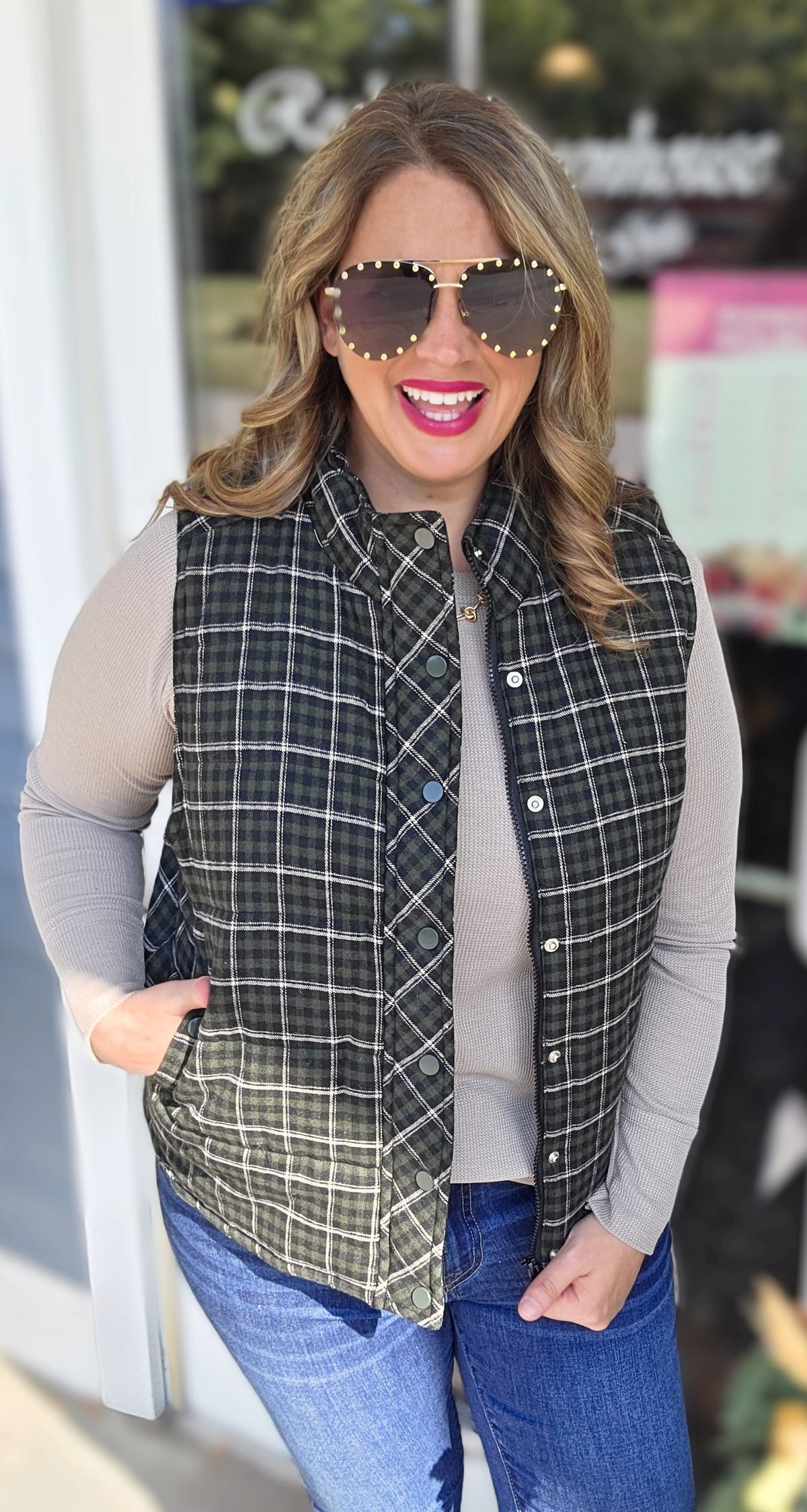 DK GREEN CHECK PLAID SNAP/ZIPPER VEST