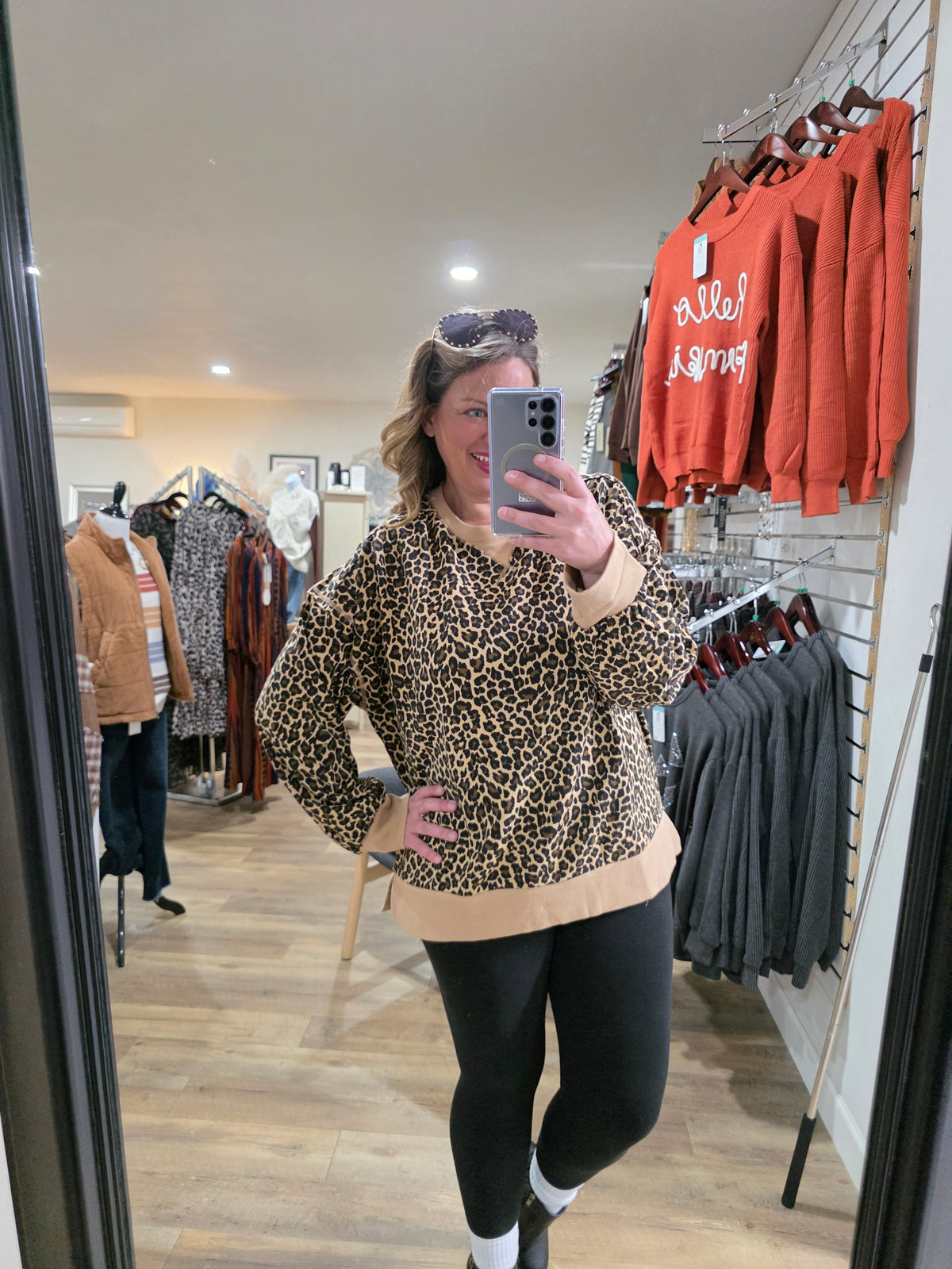 BEIGE LEOPARD FRENCH TERRY PULLOVER TOP