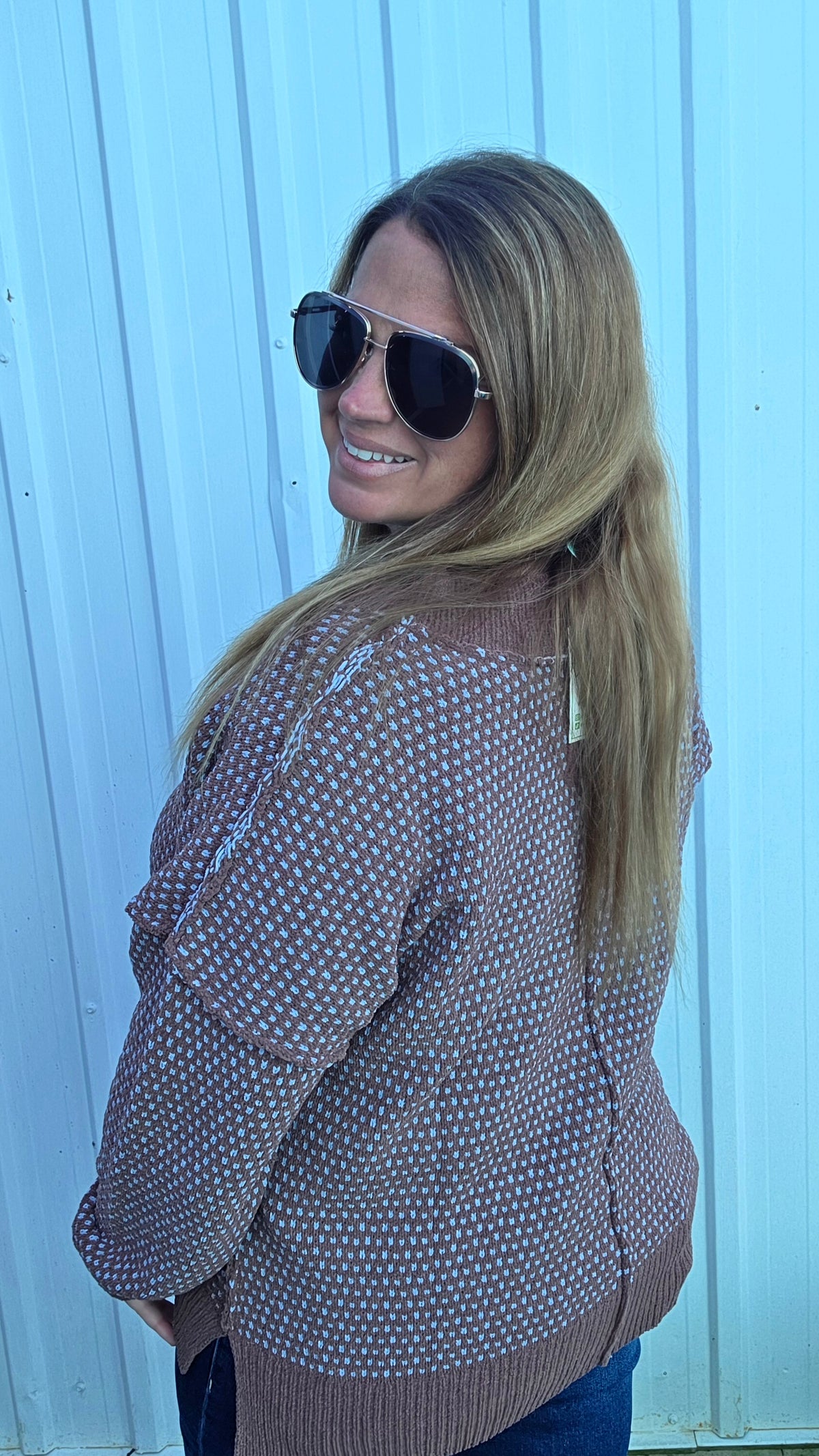 Chocolate/Blue V Neck Plush Sweater