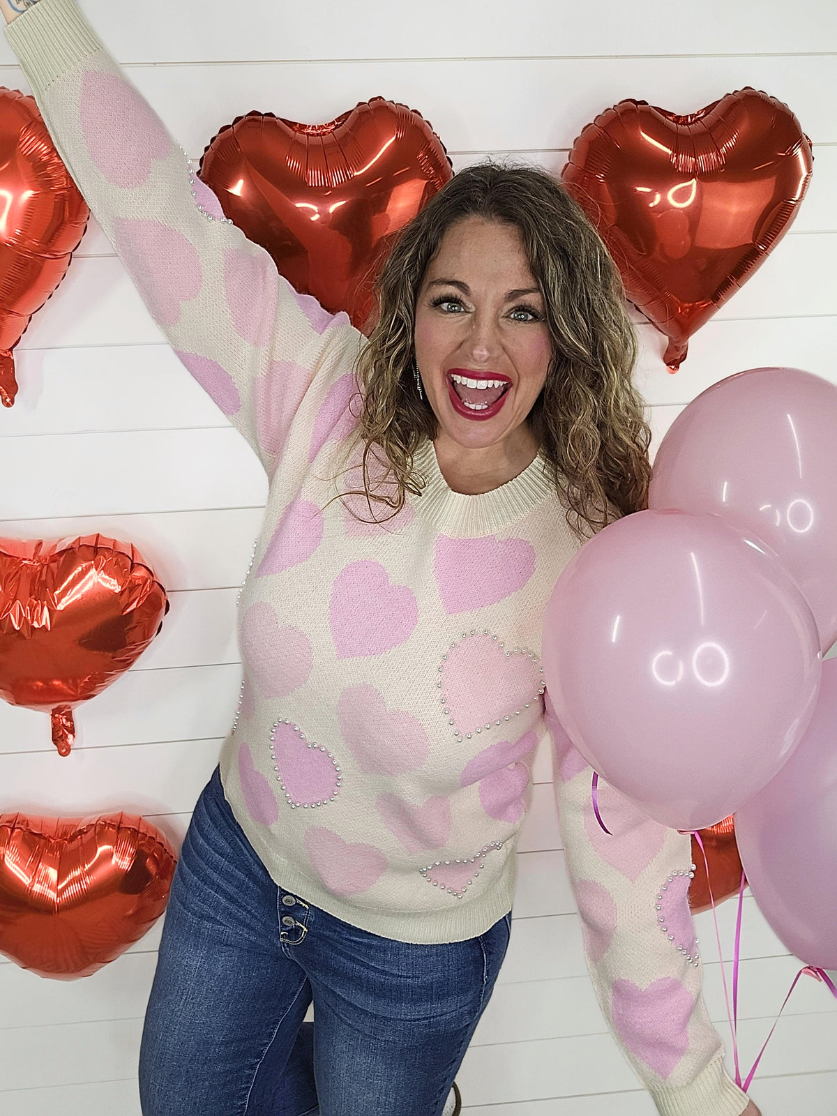 IVORY/PINK HEART PEARL SWEATER