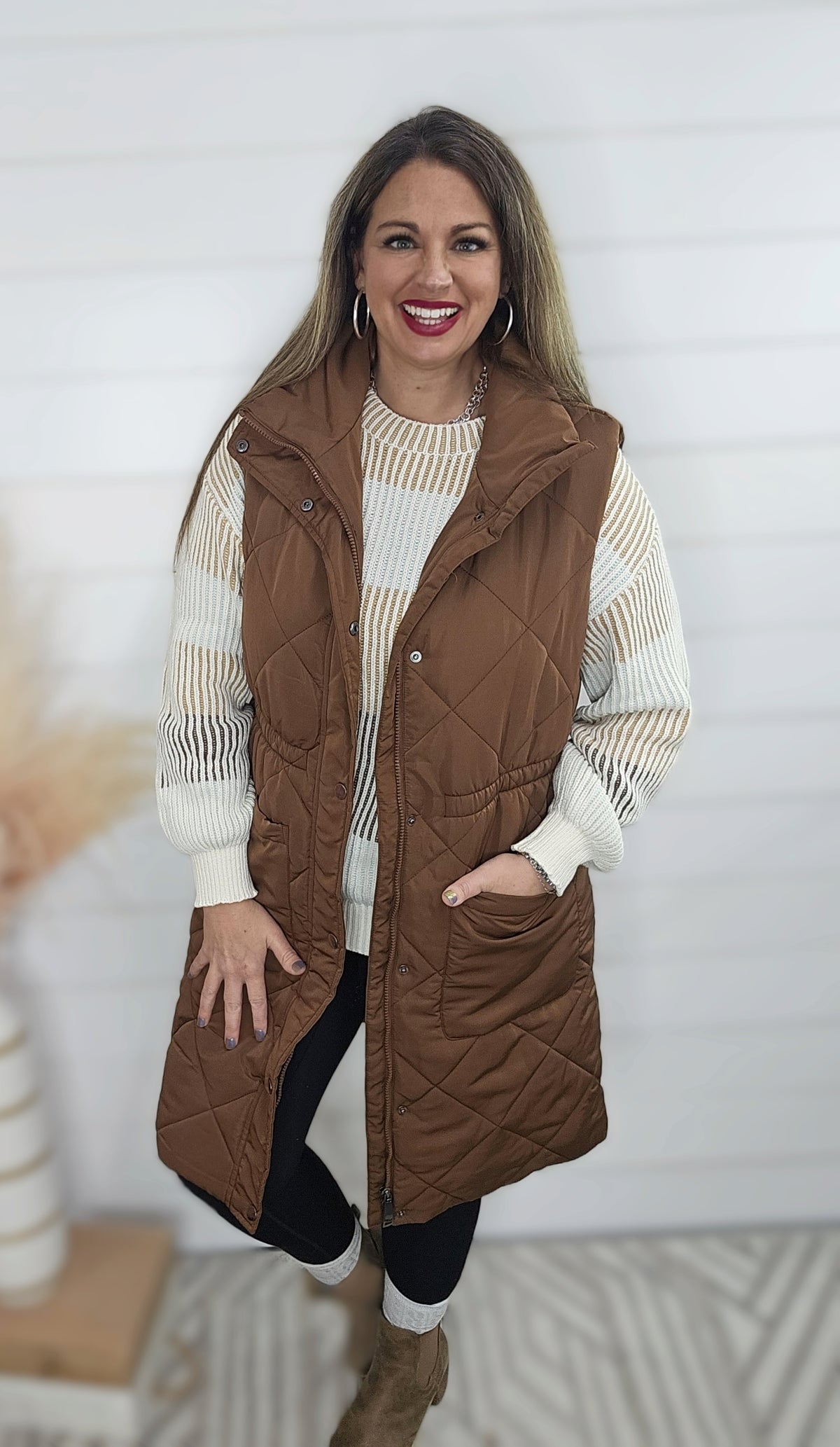 COFFEE QUILTED LONG PUFFER VEST