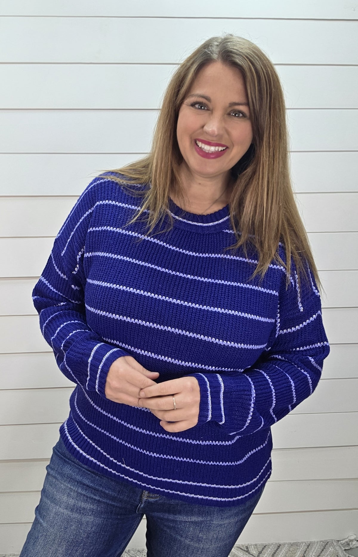 NAVY Texture Striped, Long Sleeve, Loose Fit, Crew Neck Sweater