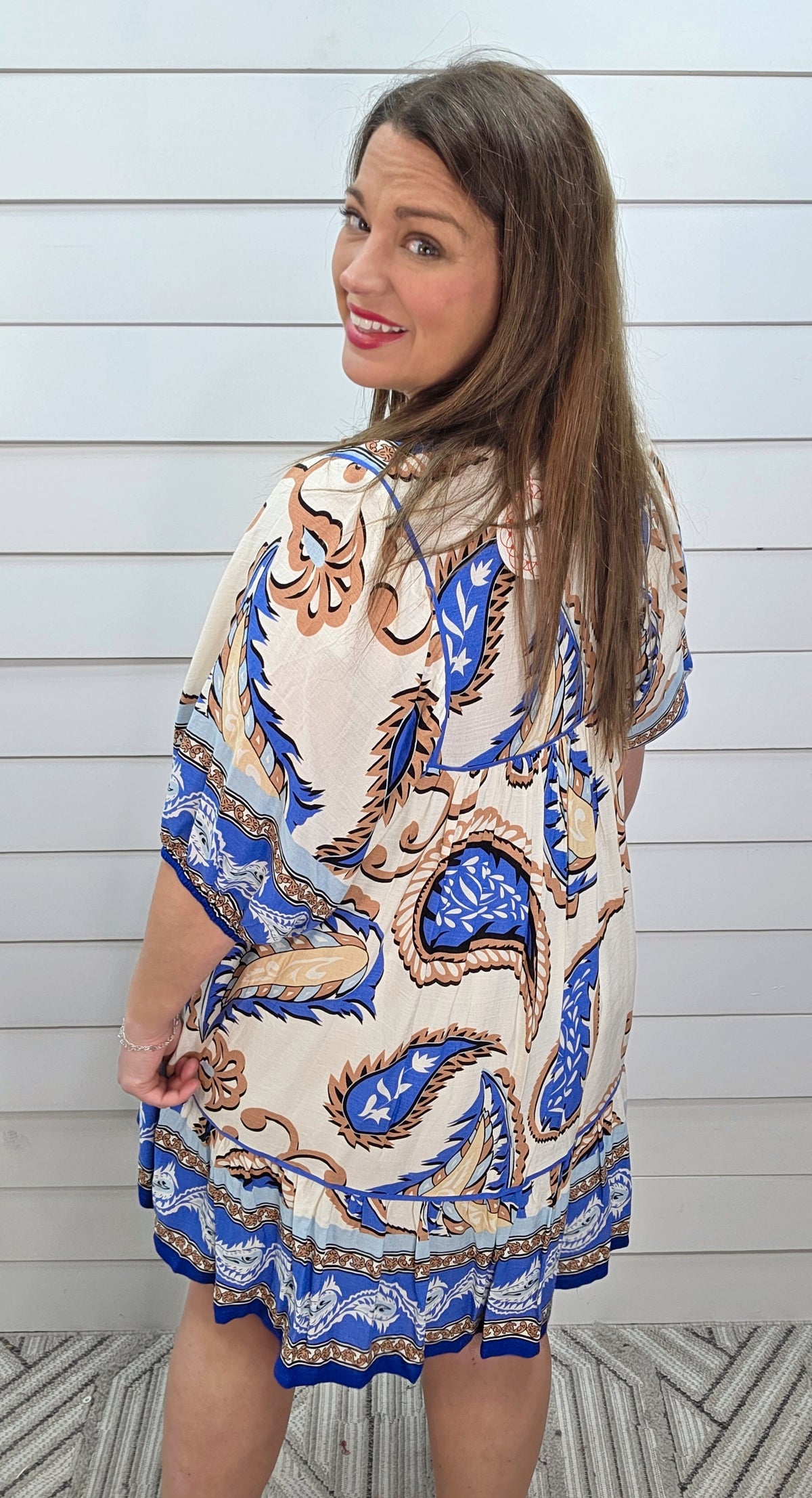 BLUE/CREAM PRINTED V NECK DRESS