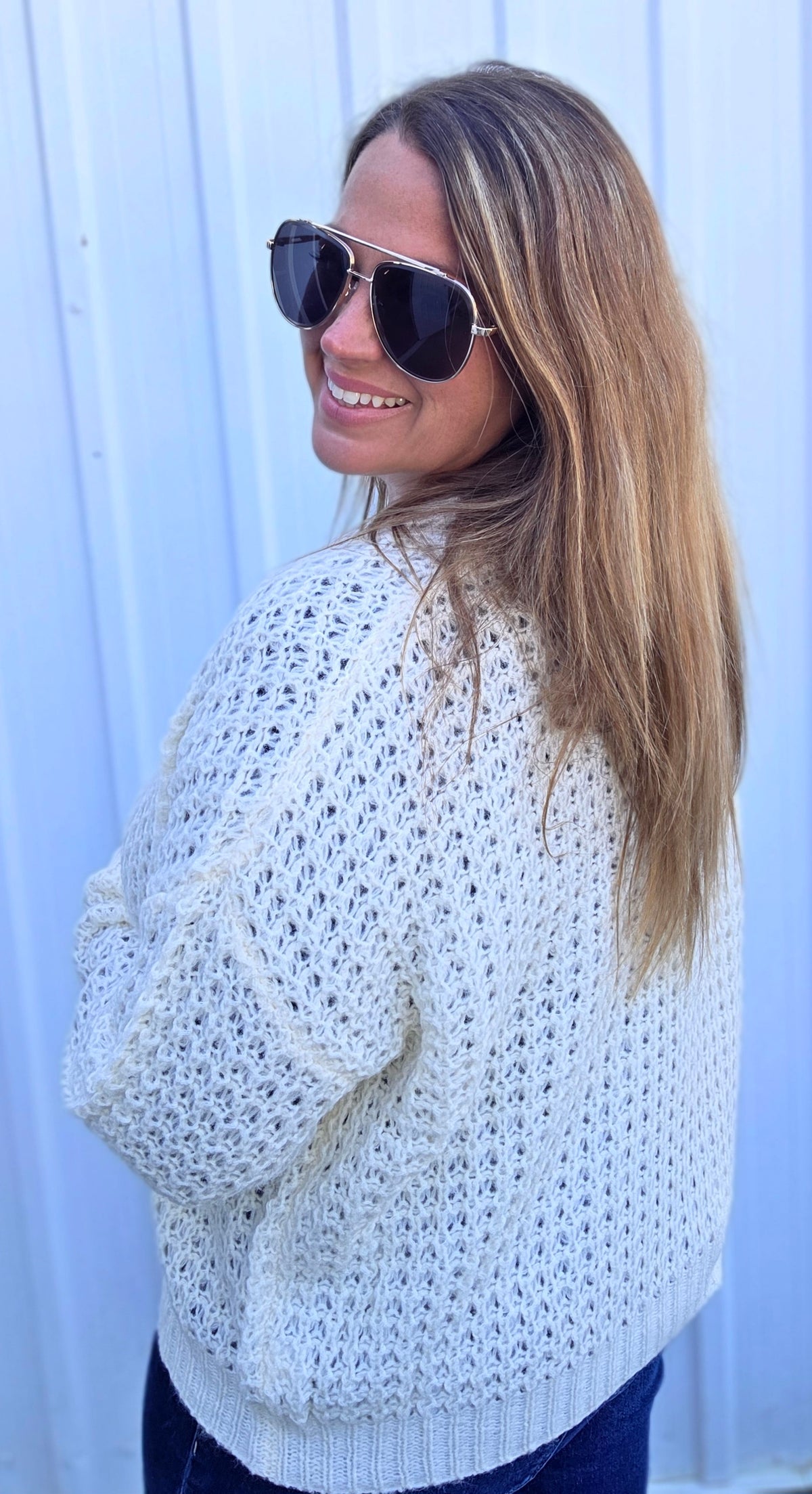 Ivory Open Front, Long Sleeve, Open Weave Waffle Textured Cardigan