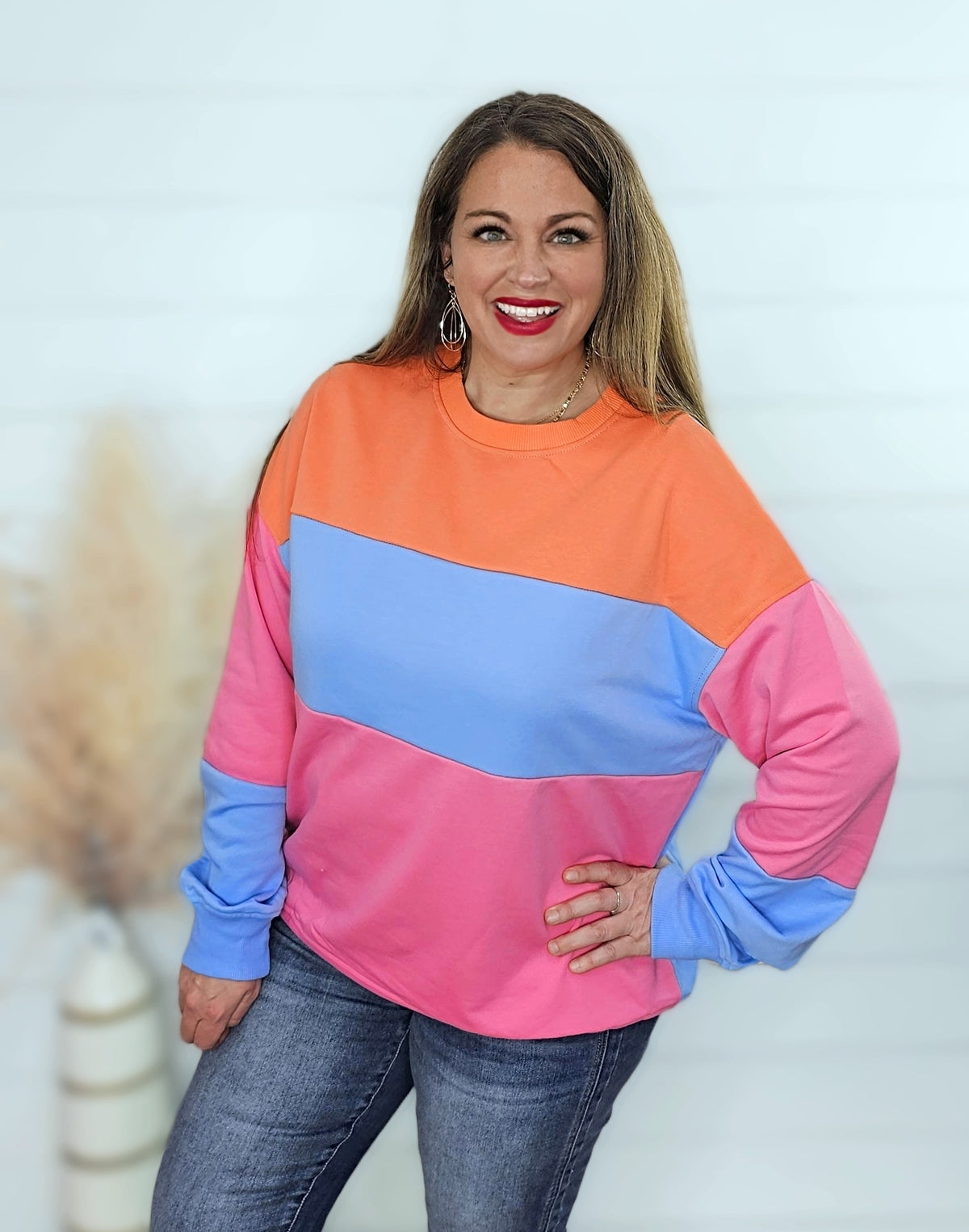 BRIGHT PINK COLORBLOCK DROP SHOUDLER PULLOVER