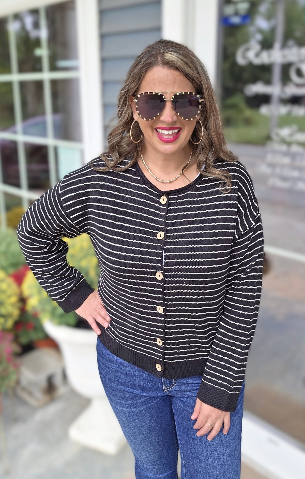 BLACK/WHITE PIN STRIPED BUTTON CARDIGAN/SWEATER