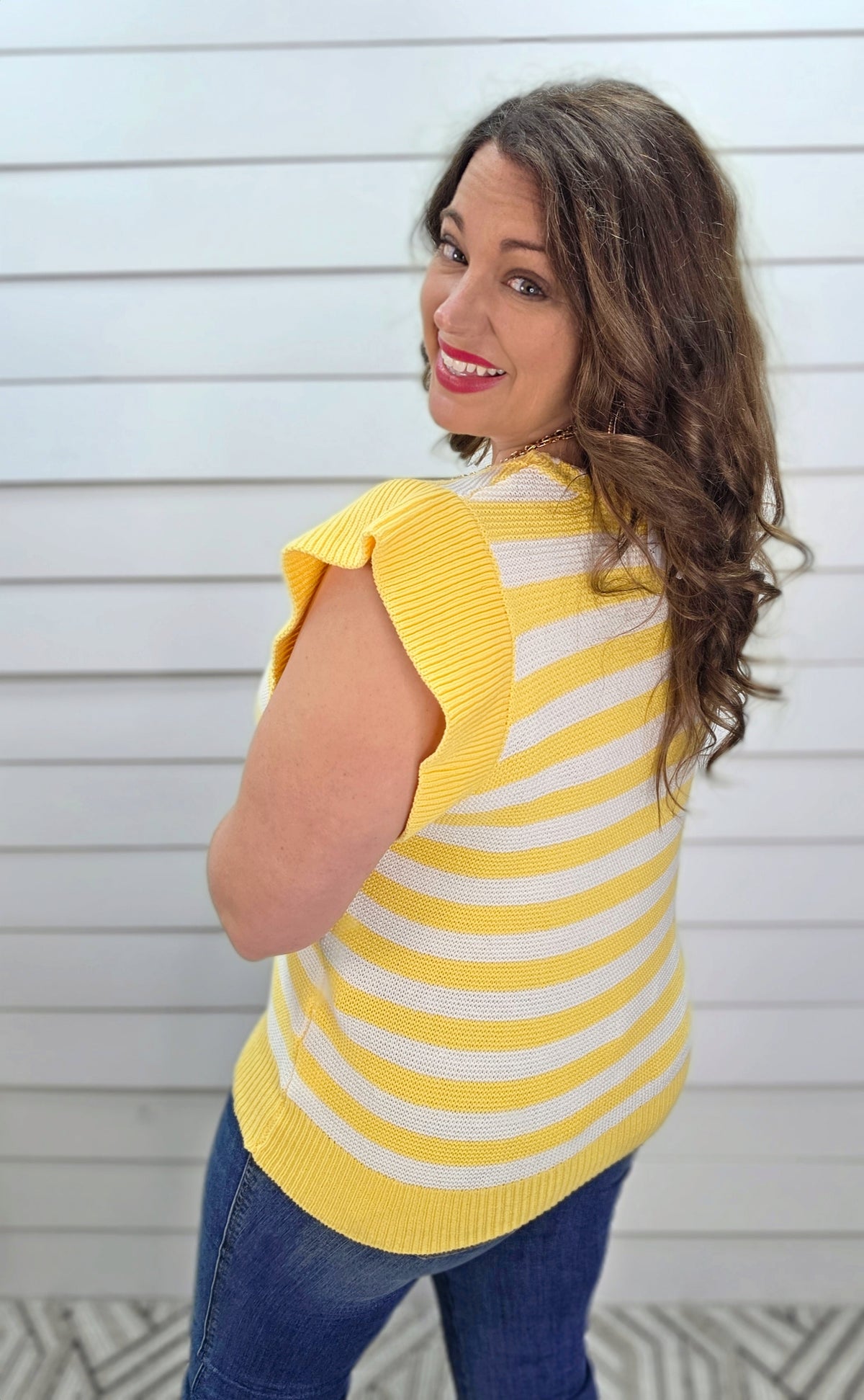 YELLOW/WHITE STRIPED SWEATER KNIT W/ RUFFLE SLEEVE