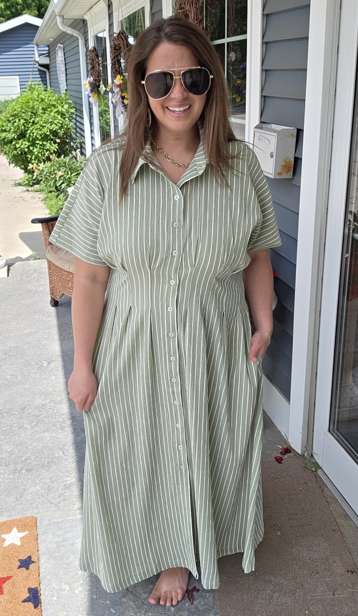 SAGE STRIPED BUTTON DOWN DRESS PLEATED WITH SIDE POCKETS