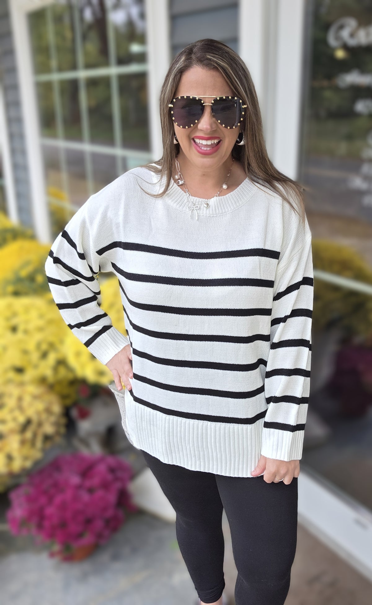 IVORY/BLACK STRIPED OVERSIZED CREW NECK SWEATER