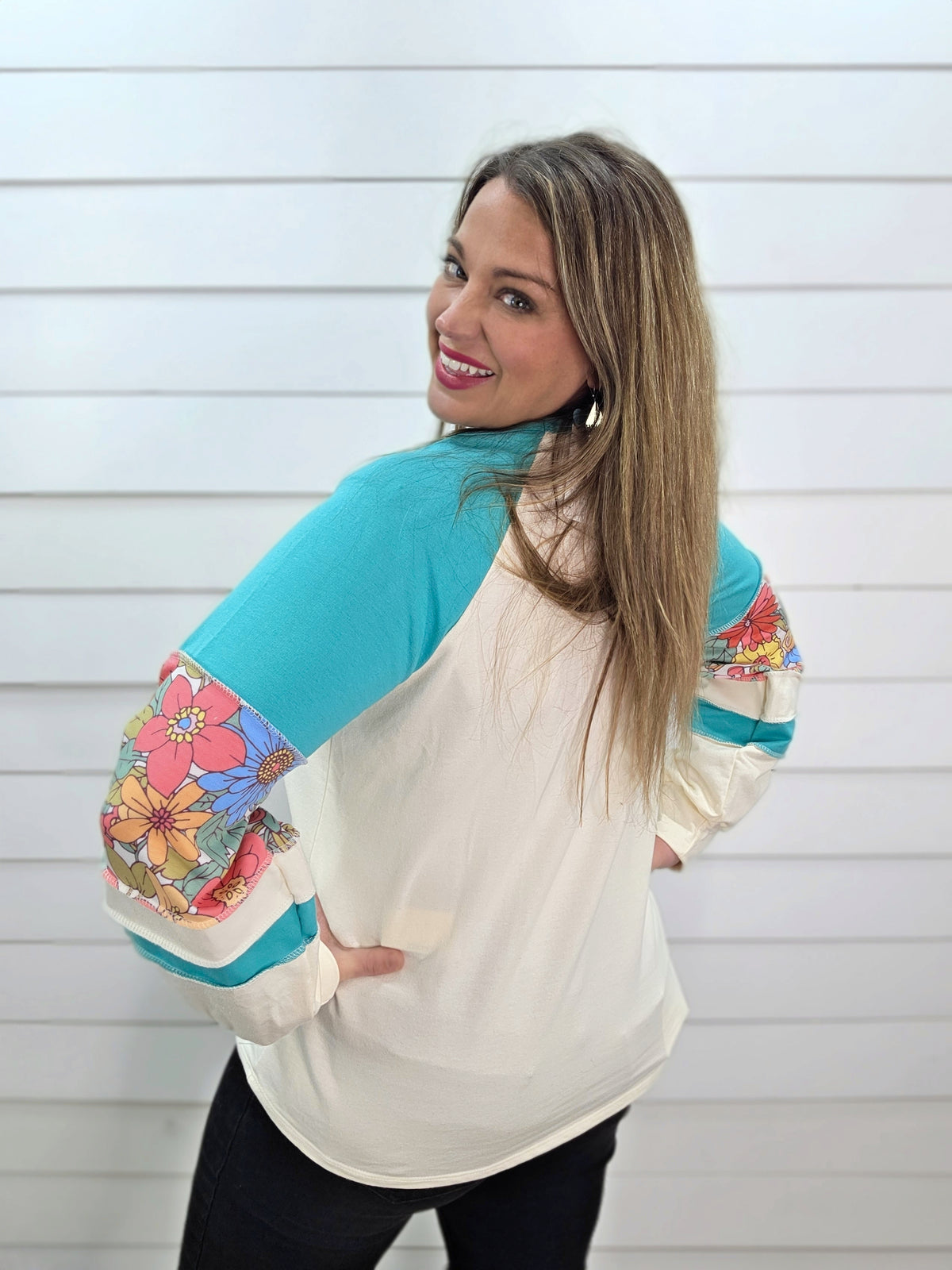 TEAL/CREAM FLORAL CONTAST FRENCH TERRY KNIT TOP