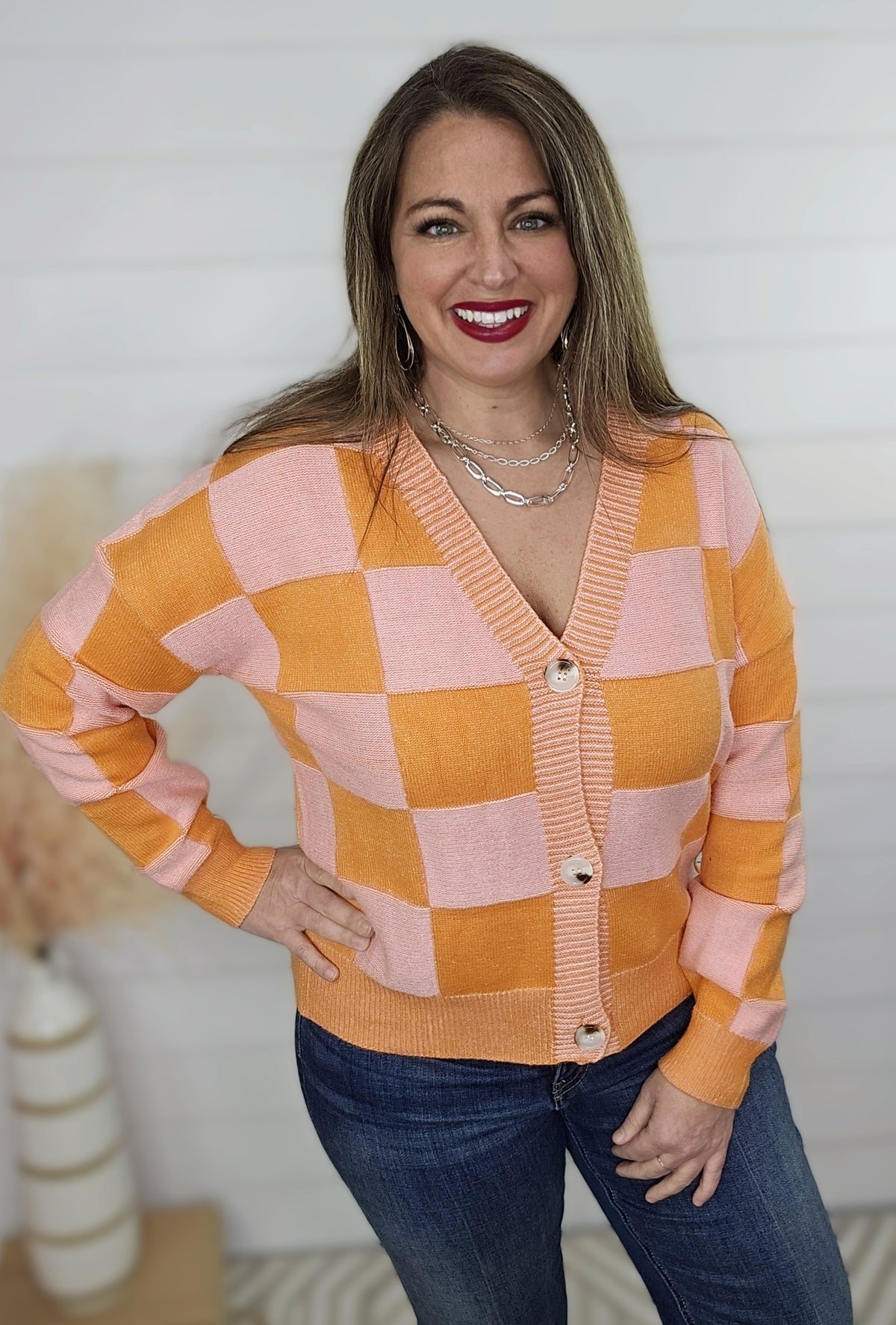 ORANGE/PINK CHECKERED BUTTON CARDIGAN