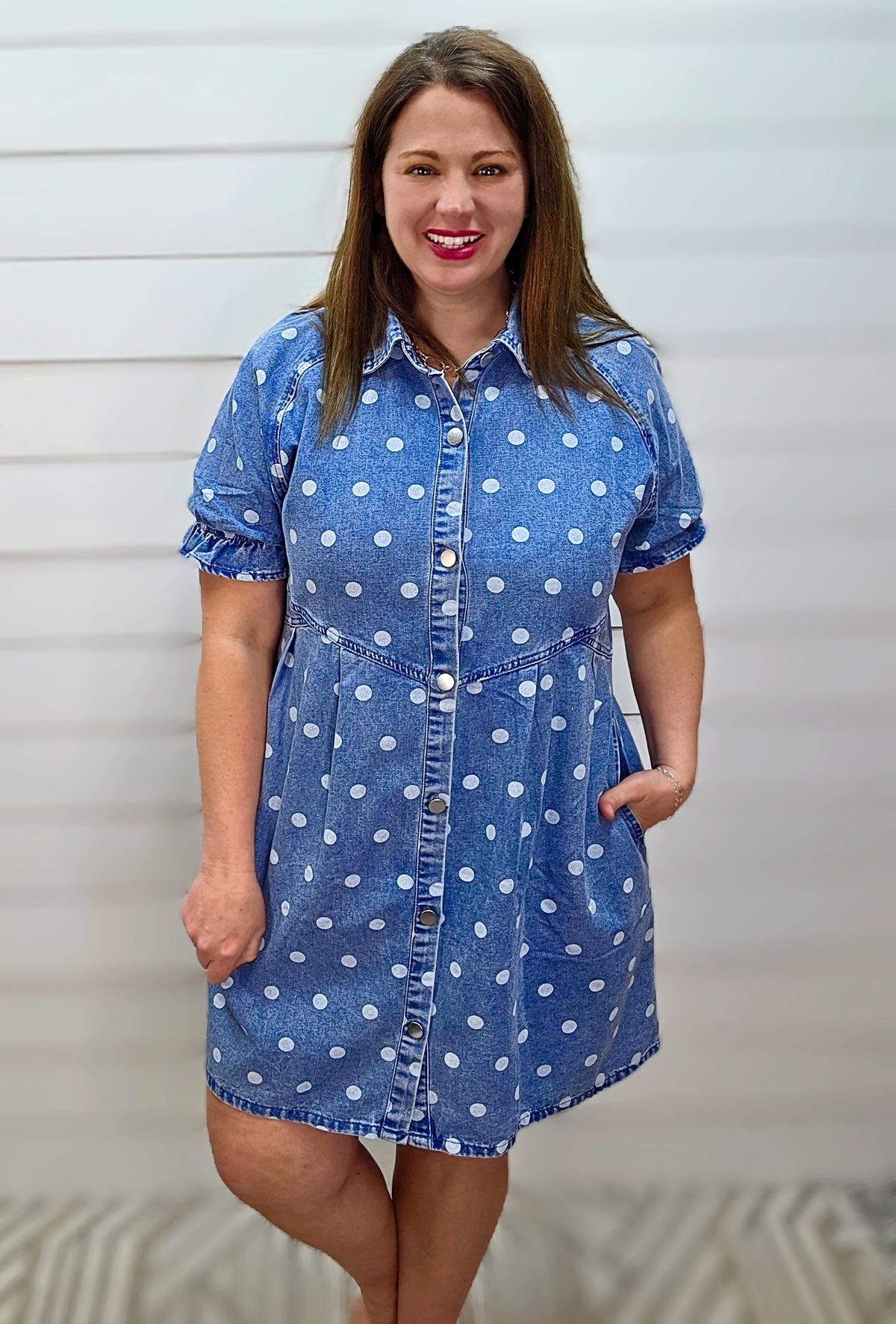 DENIM POLKADOT BUTTON DOWN DRESS