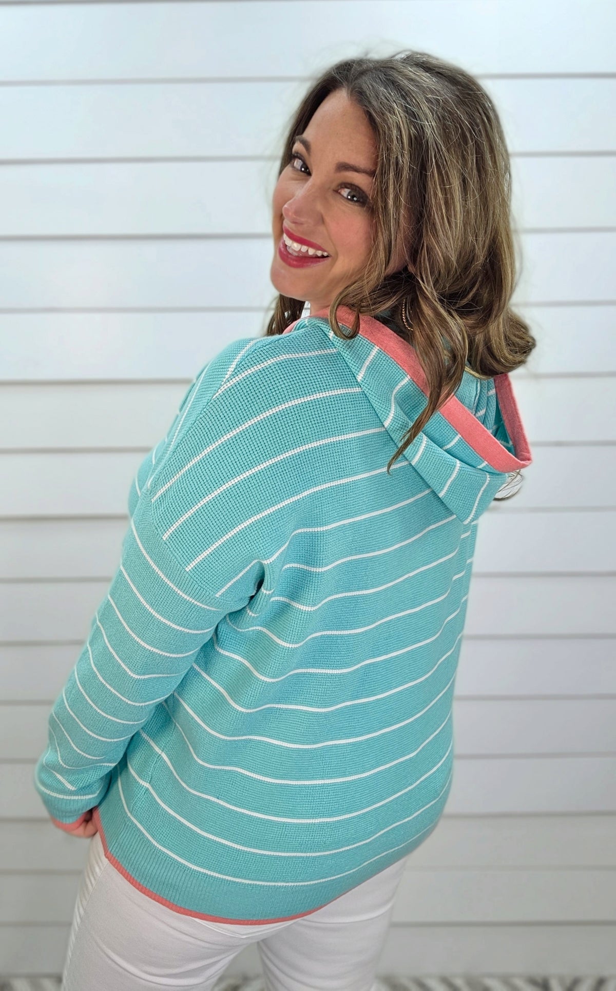 MINT/PINK WAFFLE TEXTURED PULLOVER KNIT HOODIE